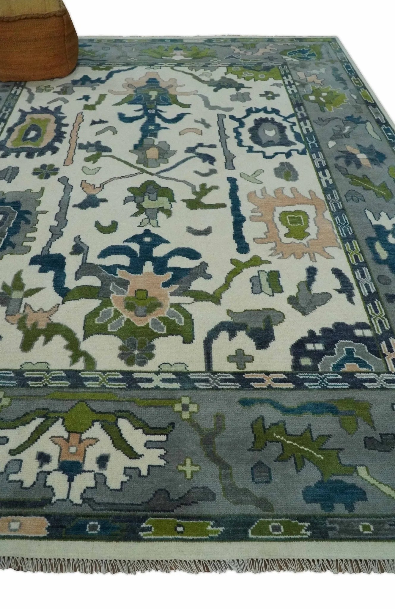 Custom Made Ivory,  Teal, and Gray Hand knotted Traditional Oushak Wool Area Rug