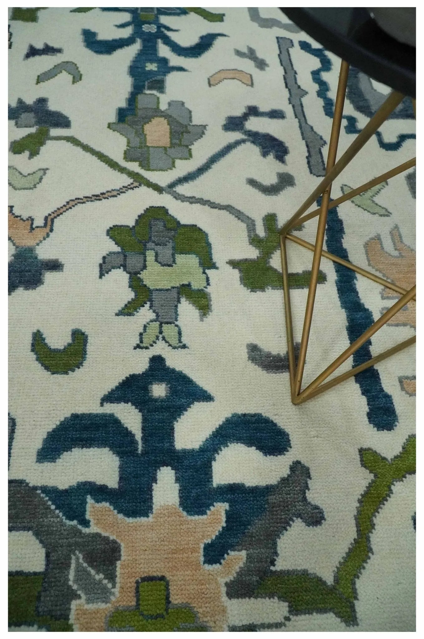 Custom Made Ivory,  Teal, and Gray Hand knotted Traditional Oushak Wool Area Rug