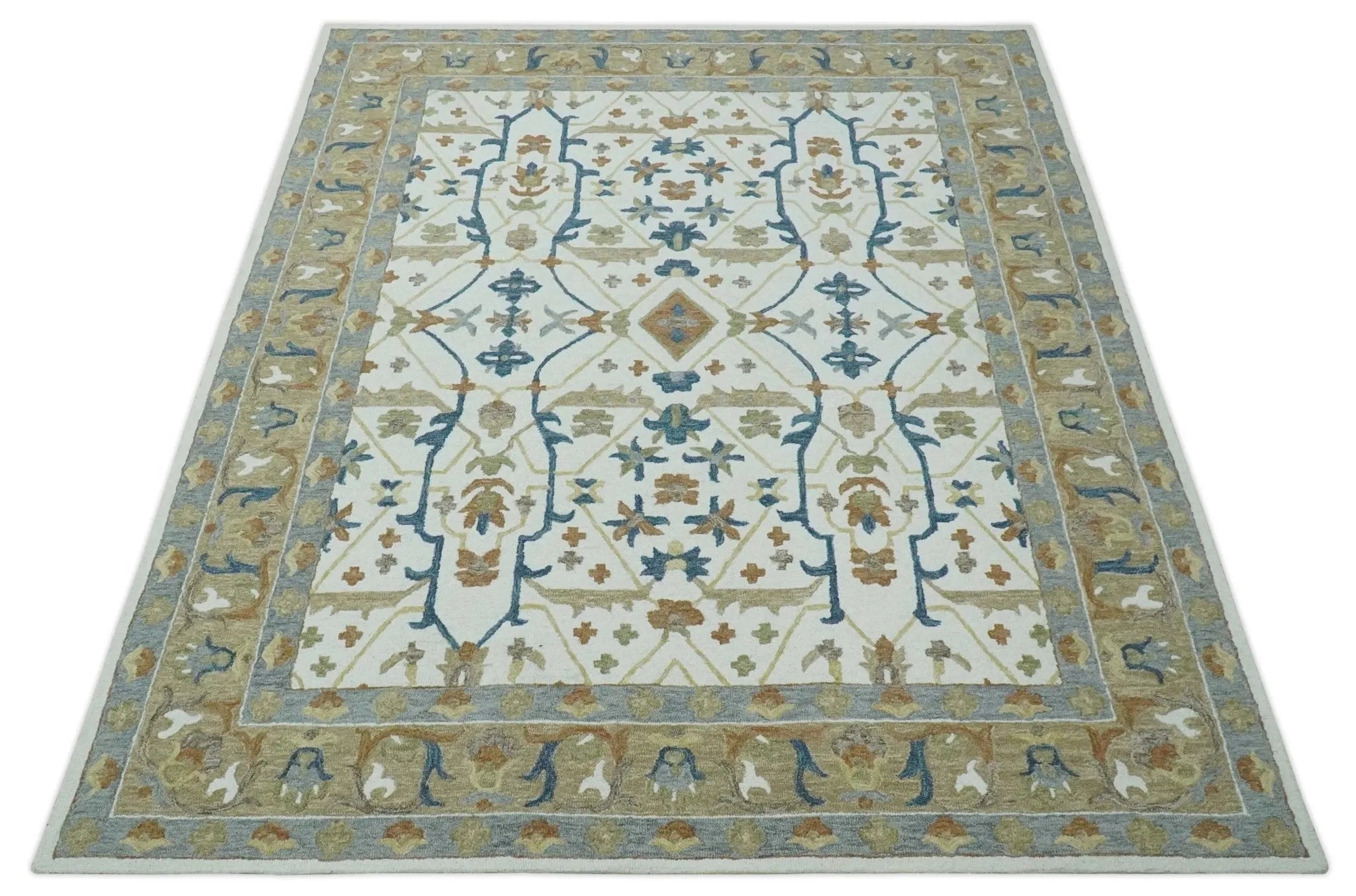 Custom Made Ivory, Olive and Blue Oriental Hand Tufted wool Area Rug