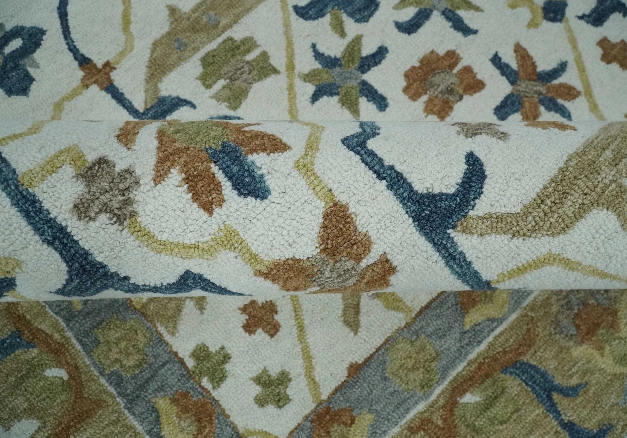 Custom Made Ivory, Olive and Blue Oriental Hand Tufted wool Area Rug