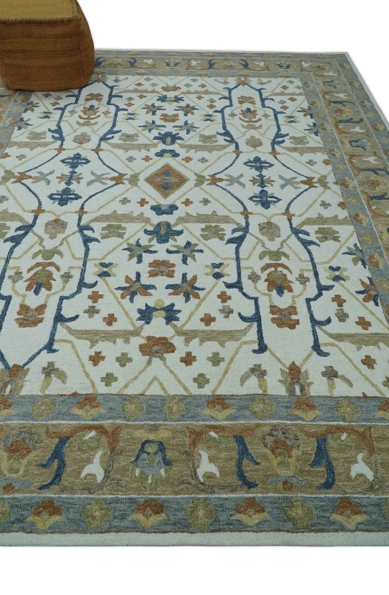 Custom Made Ivory, Olive and Blue Oriental Hand Tufted wool Area Rug