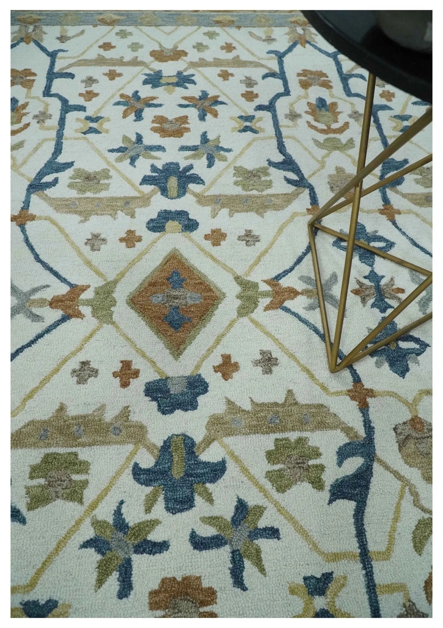 Custom Made Ivory, Olive and Blue Oriental Hand Tufted wool Area Rug