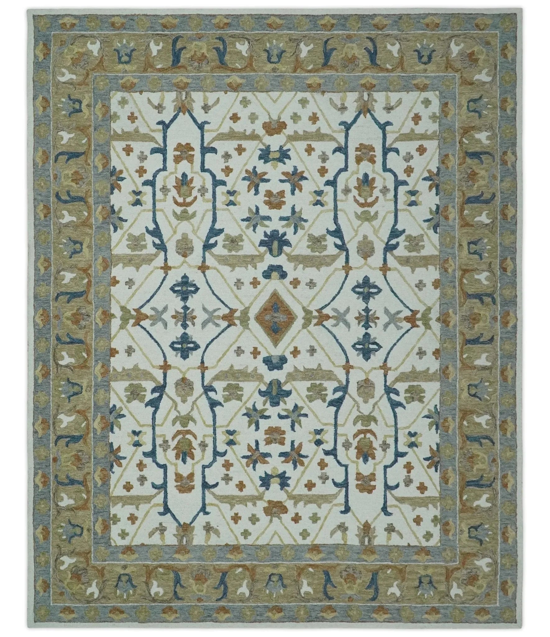 Custom Made Ivory, Olive and Blue Oriental Hand Tufted wool Area Rug