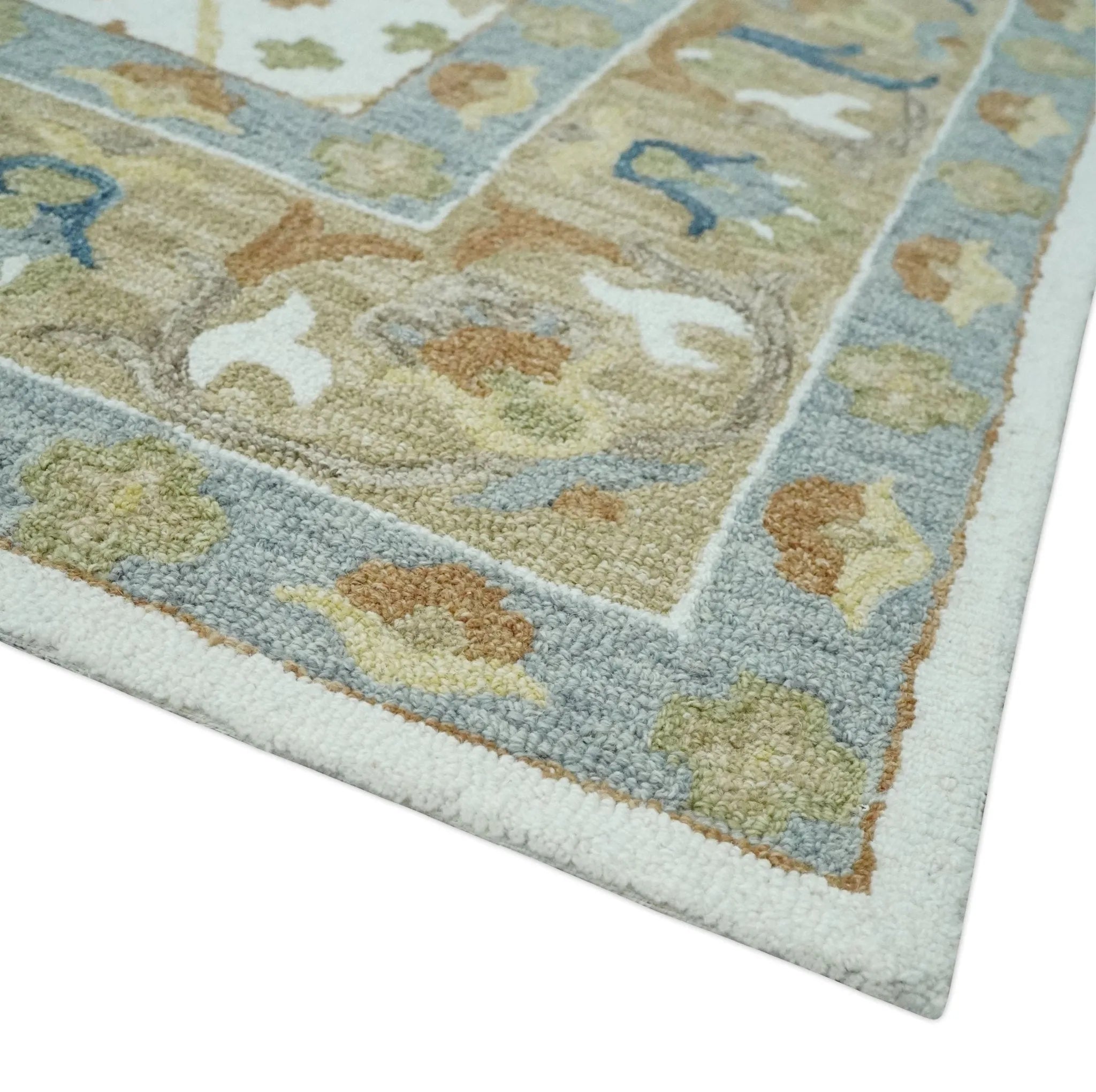 Custom Made Ivory, Olive and Blue Oriental Hand Tufted wool Area Rug