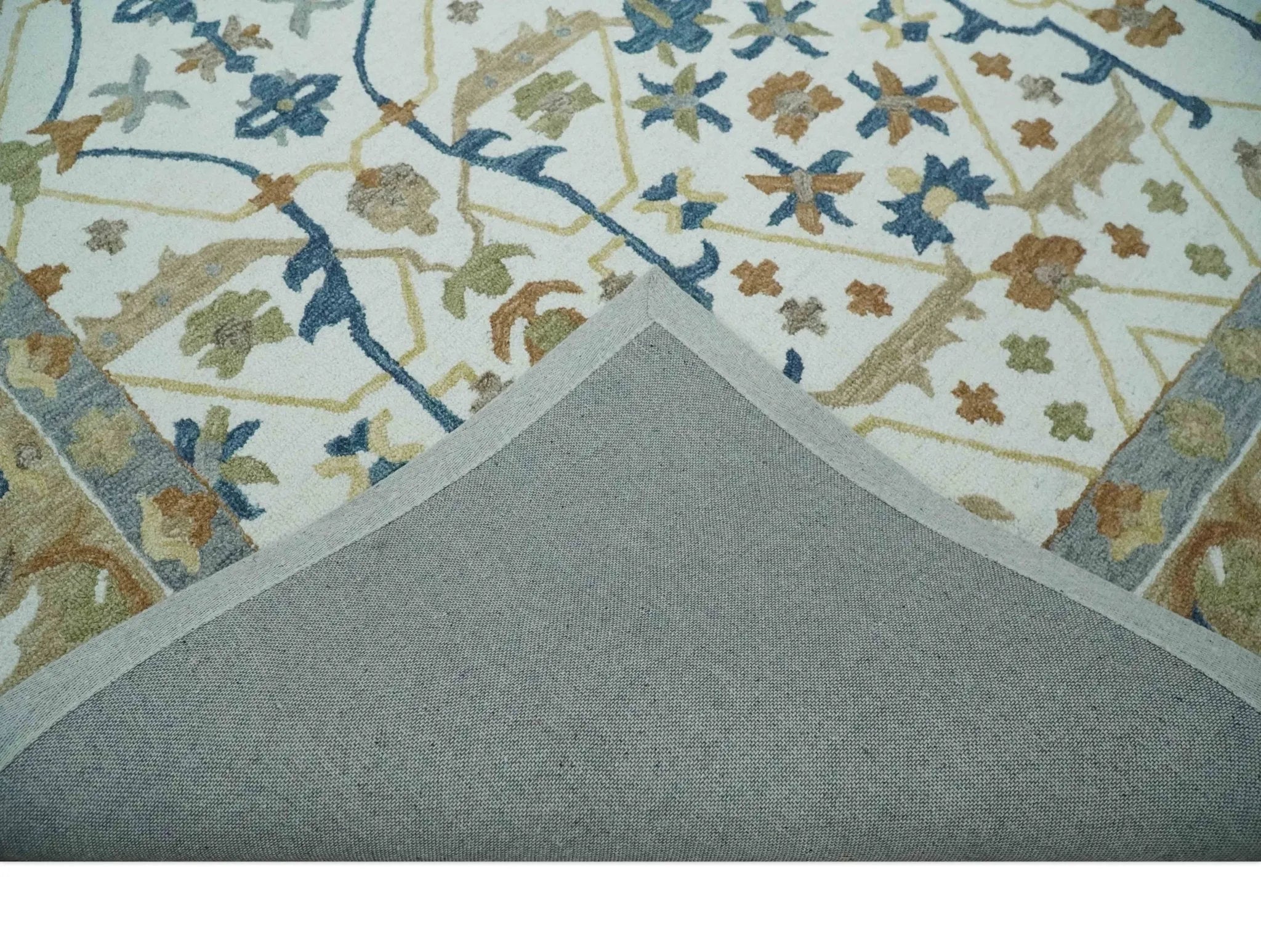 Custom Made Ivory, Olive and Blue Oriental Hand Tufted wool Area Rug