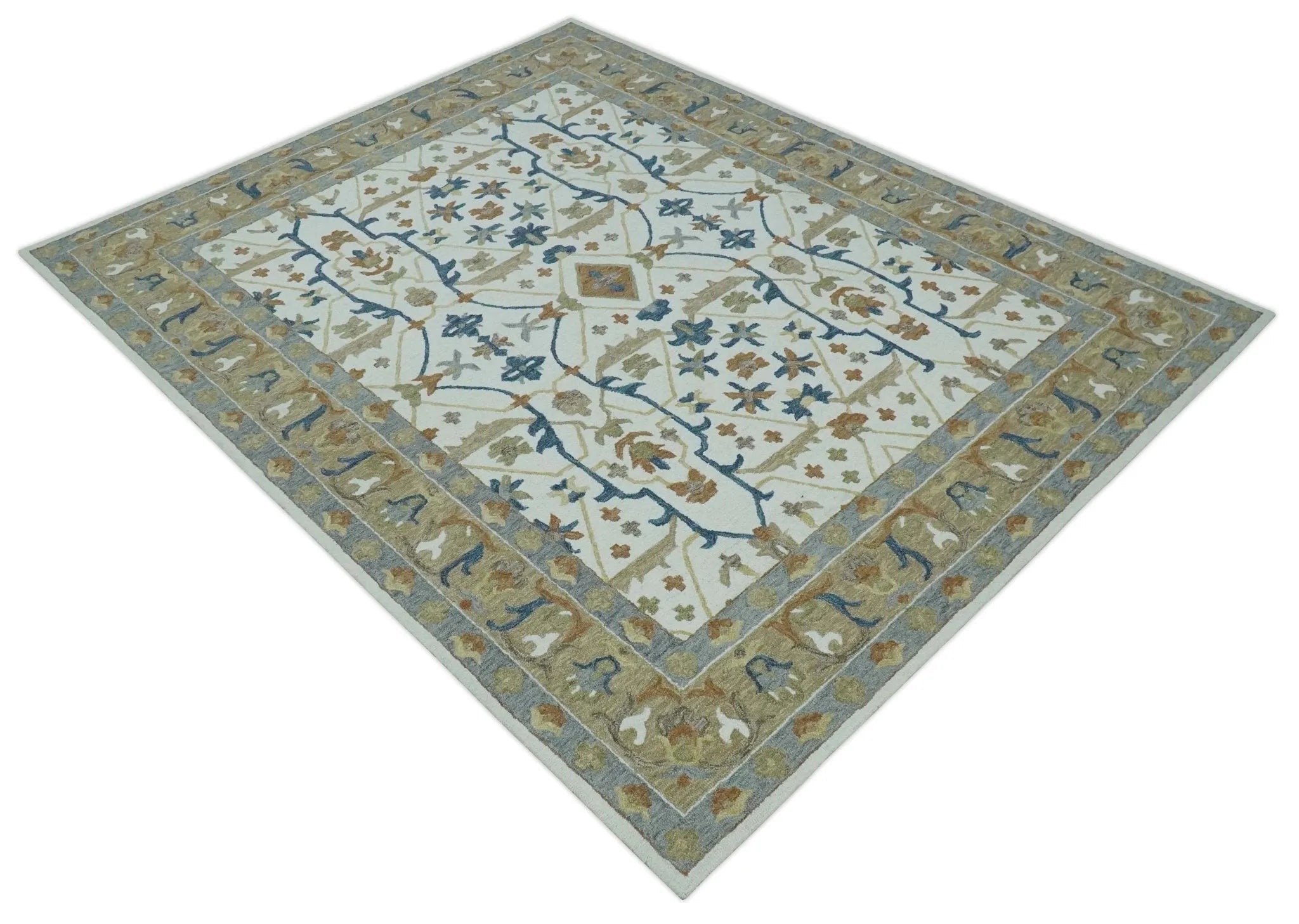 Custom Made Ivory, Olive and Blue Oriental Hand Tufted wool Area Rug