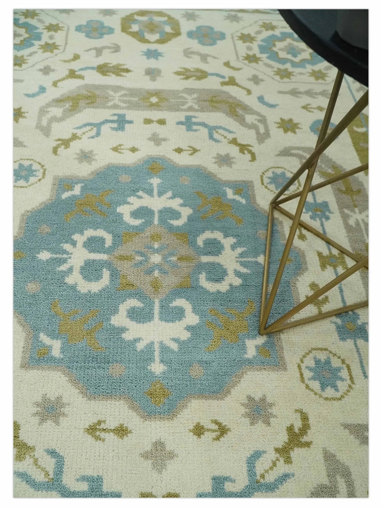 Custom Made Ivory, Olive and Teal Hand Knotted Traditional Medallion Mamluk Design wool Rug