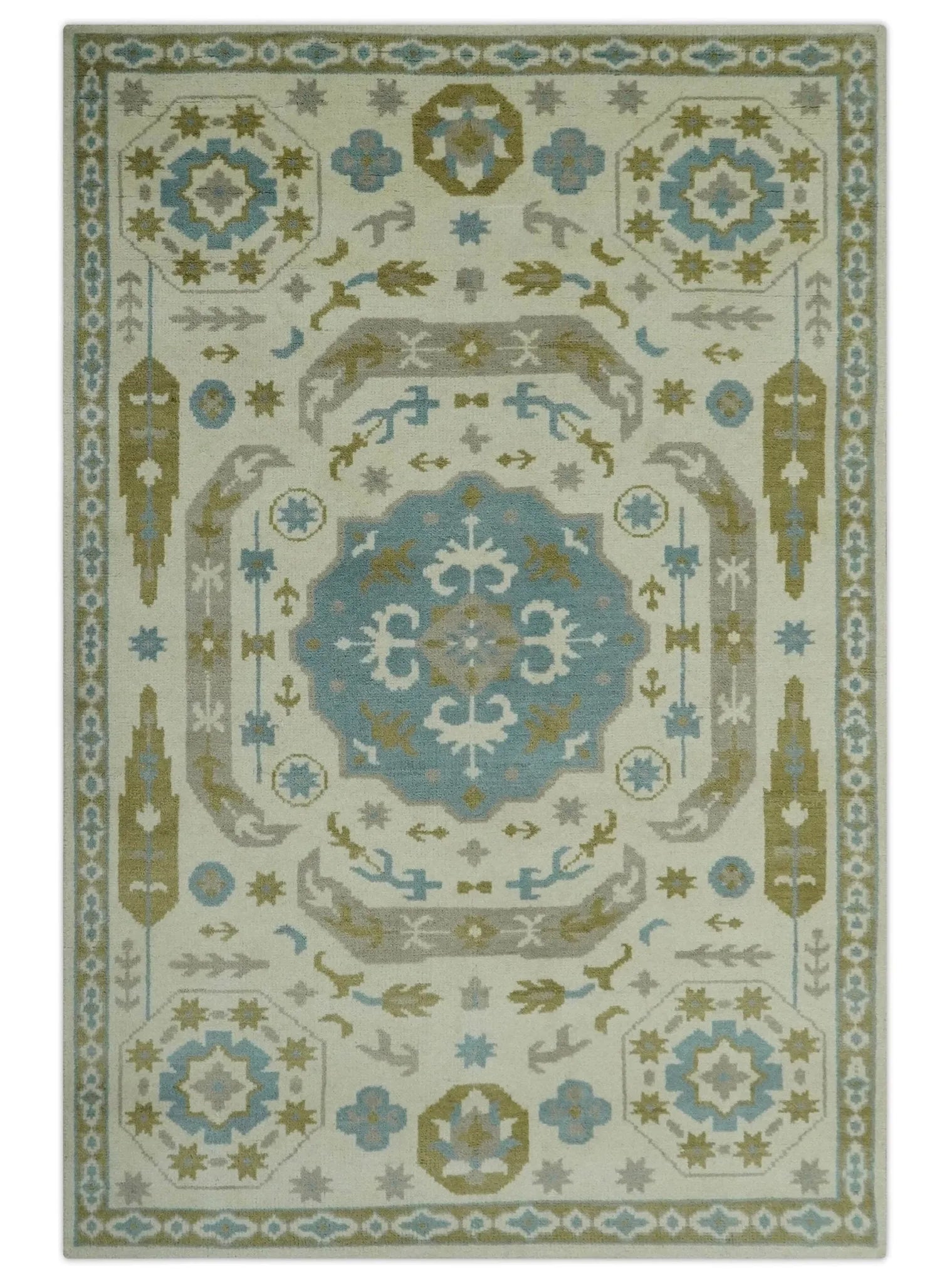 Custom Made Ivory, Olive and Teal Hand Knotted Traditional Medallion Mamluk Design wool Rug