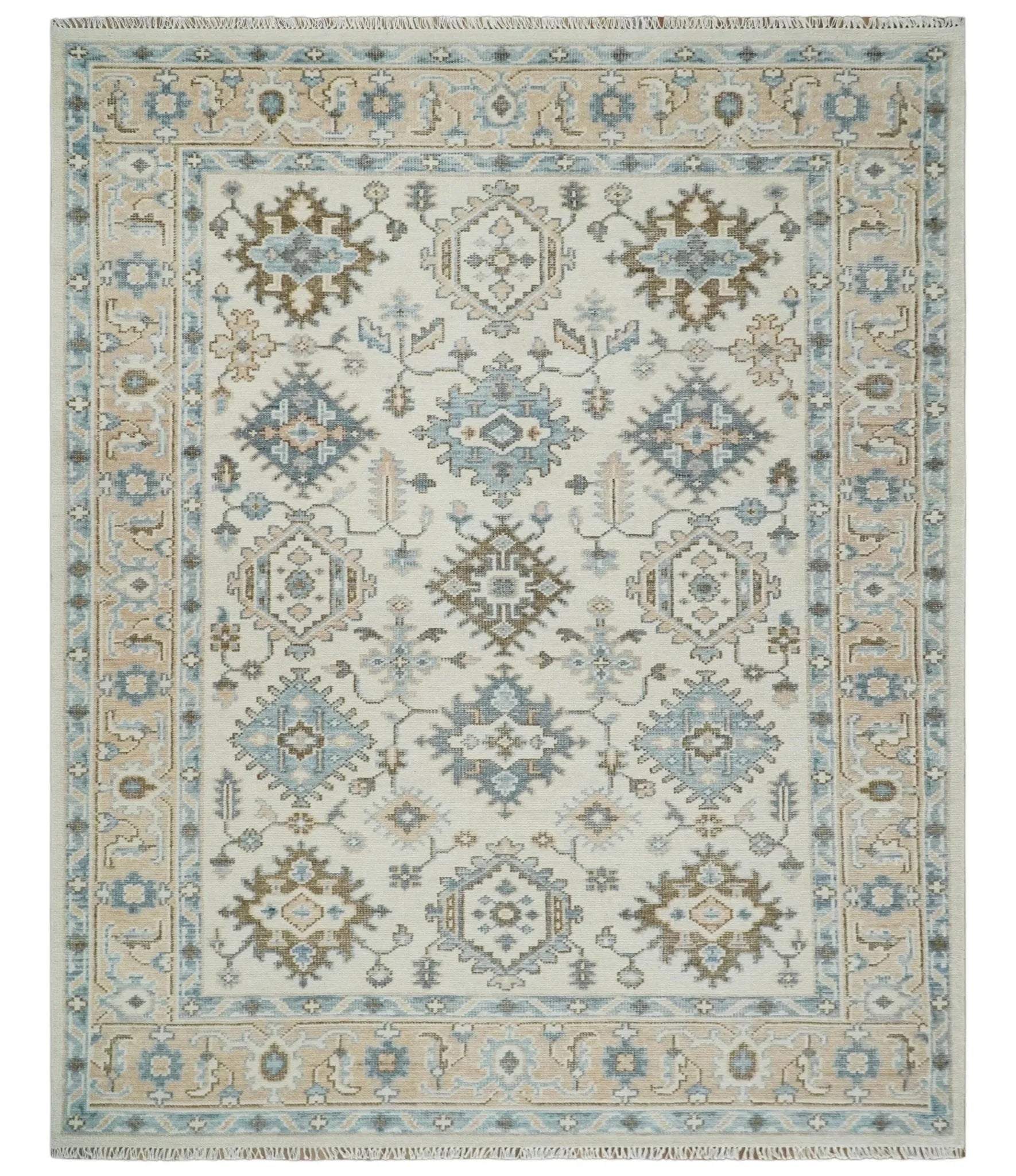 Custom Made Ivory, Peach and Gray Hand knotted Traditional Turkish Design Oushak wool Area Rug