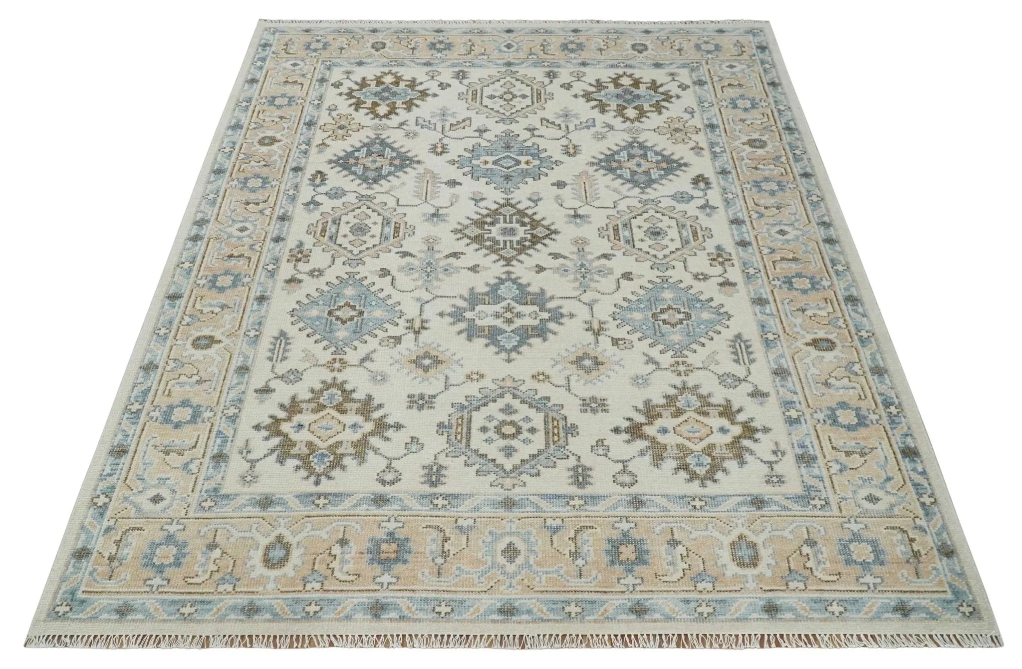 Custom Made Ivory, Peach and Gray Hand knotted Traditional Turkish Design Oushak wool Area Rug