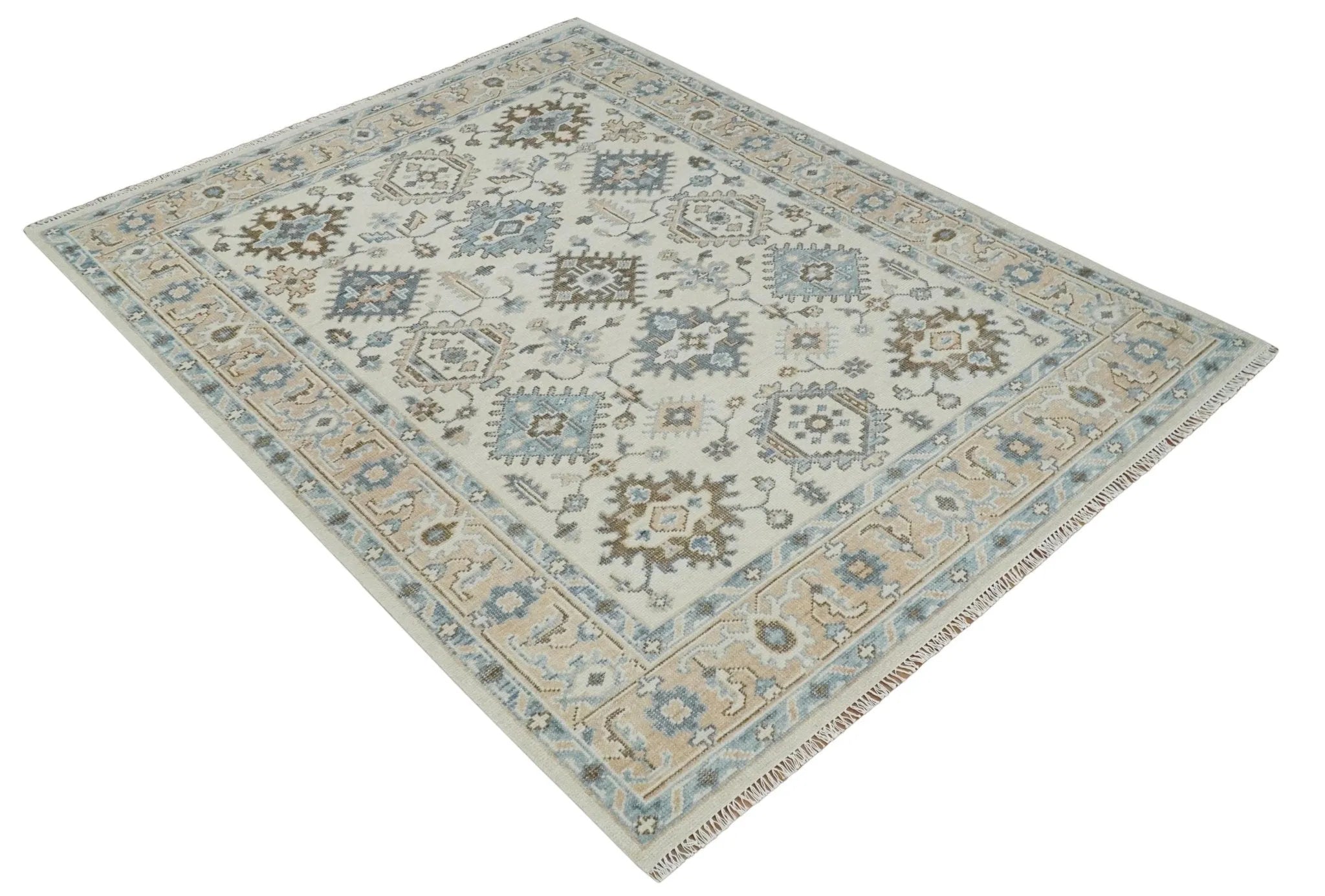 Custom Made Ivory, Peach and Gray Hand knotted Traditional Turkish Design Oushak wool Area Rug