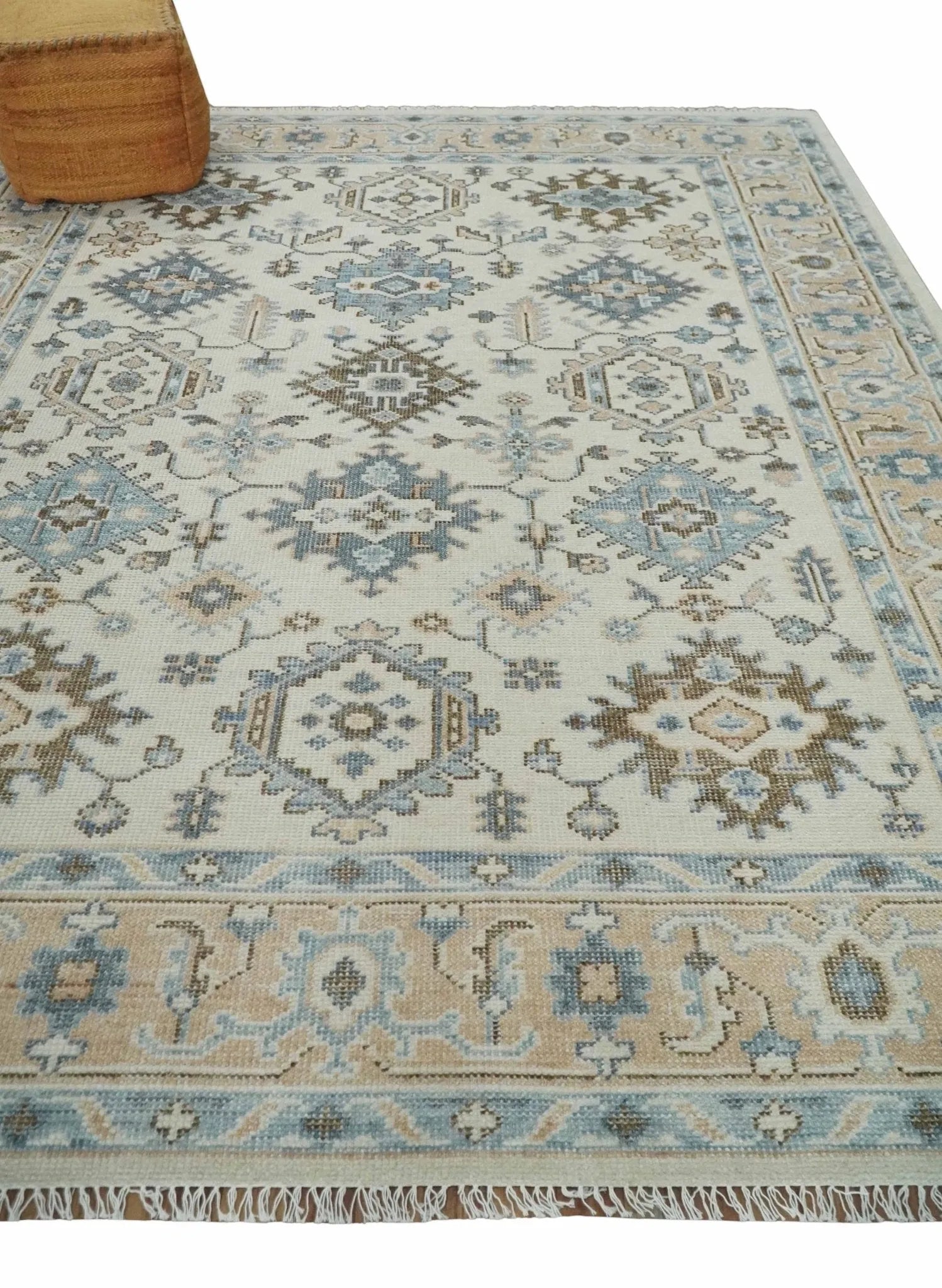 Custom Made Ivory, Peach and Gray Hand knotted Traditional Turkish Design Oushak wool Area Rug