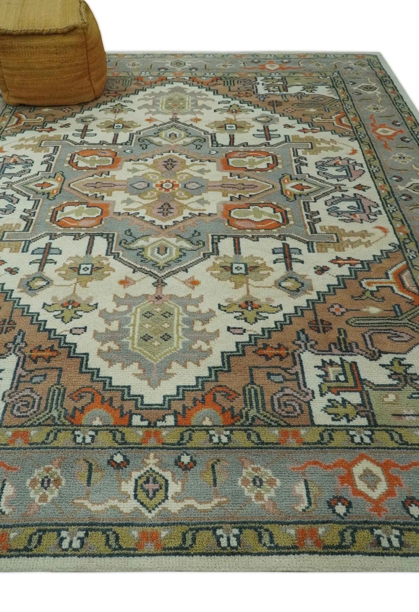 Custom Made Ivory, Silver, Peach and Olive Hand Knotted Traditional Heriz wool Area Rug