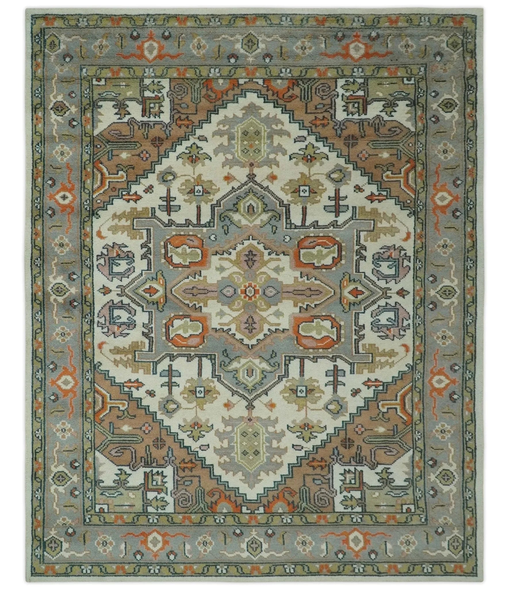 Custom Made Ivory, Silver, Peach and Olive Hand Knotted Traditional Heriz wool Area Rug