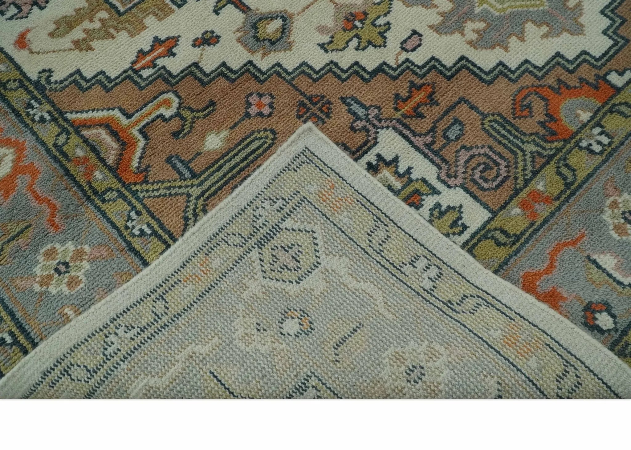 Custom Made Ivory, Silver, Peach and Olive Hand Knotted Traditional Heriz wool Area Rug