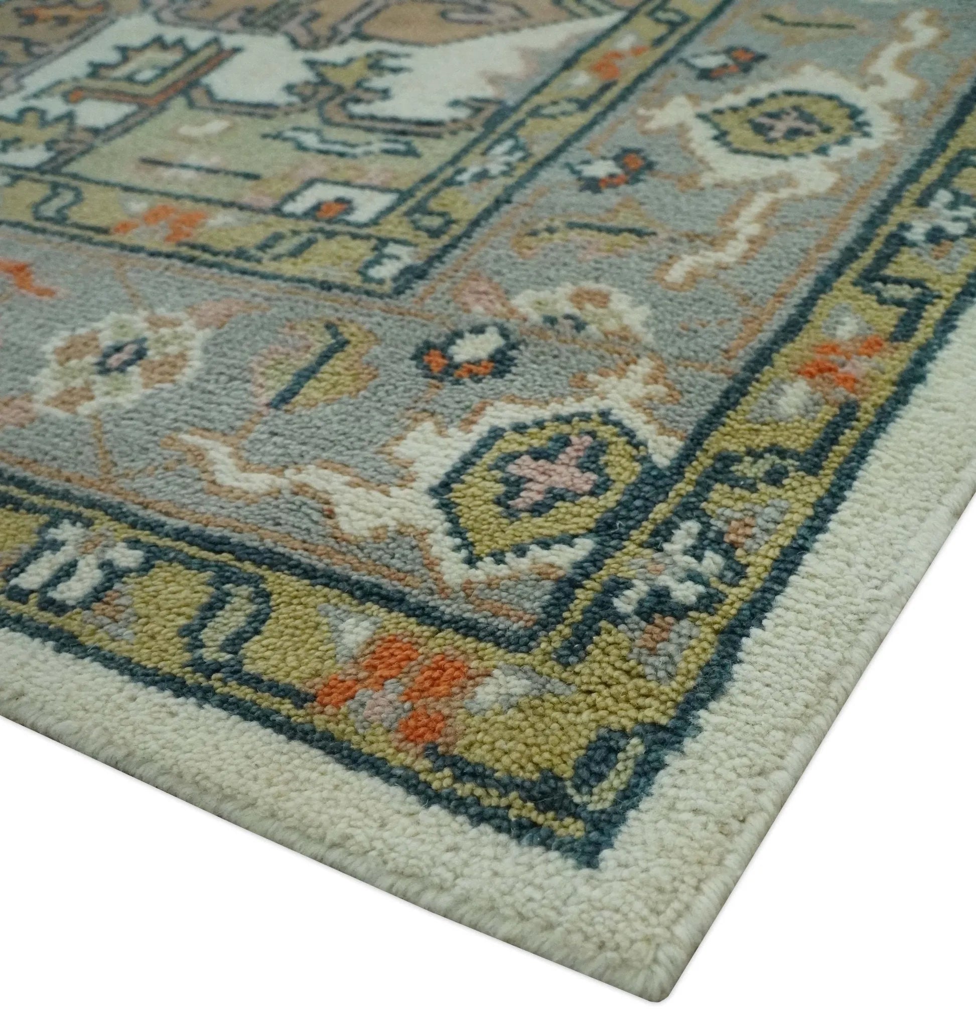 Custom Made Ivory, Silver, Peach and Olive Hand Knotted Traditional Heriz wool Area Rug