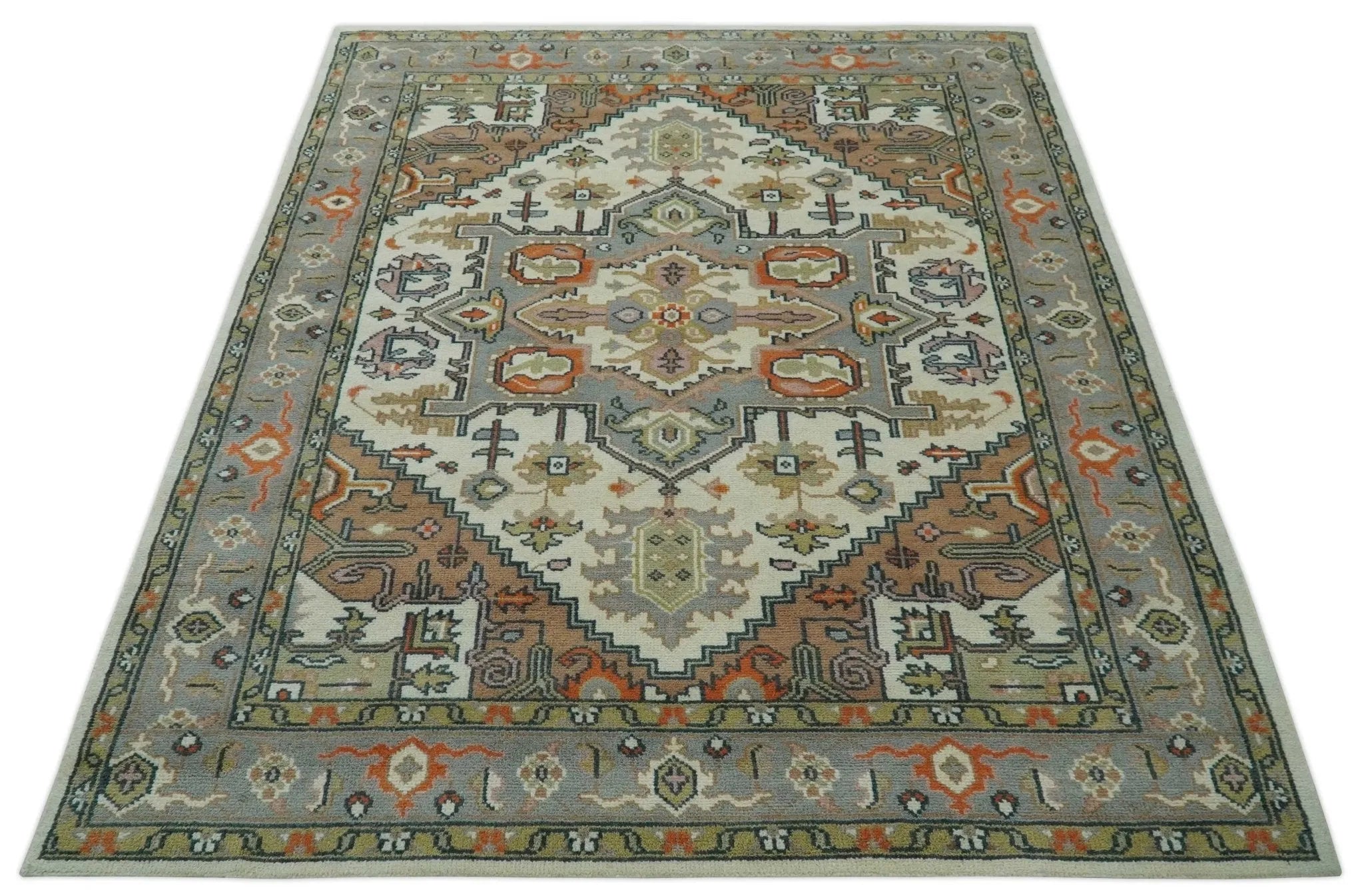 Custom Made Ivory, Silver, Peach and Olive Hand Knotted Traditional Heriz wool Area Rug