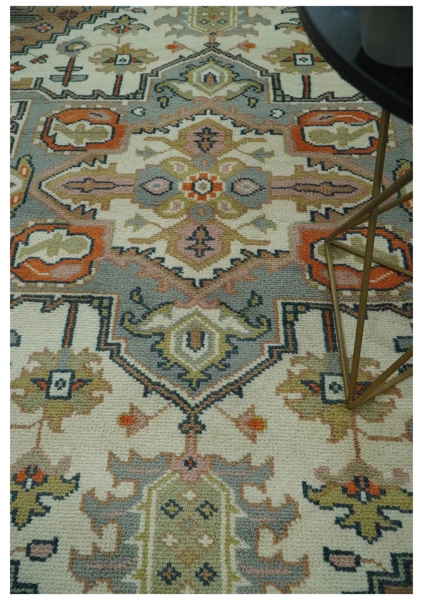 Custom Made Ivory, Silver, Peach and Olive Hand Knotted Traditional Heriz wool Area Rug