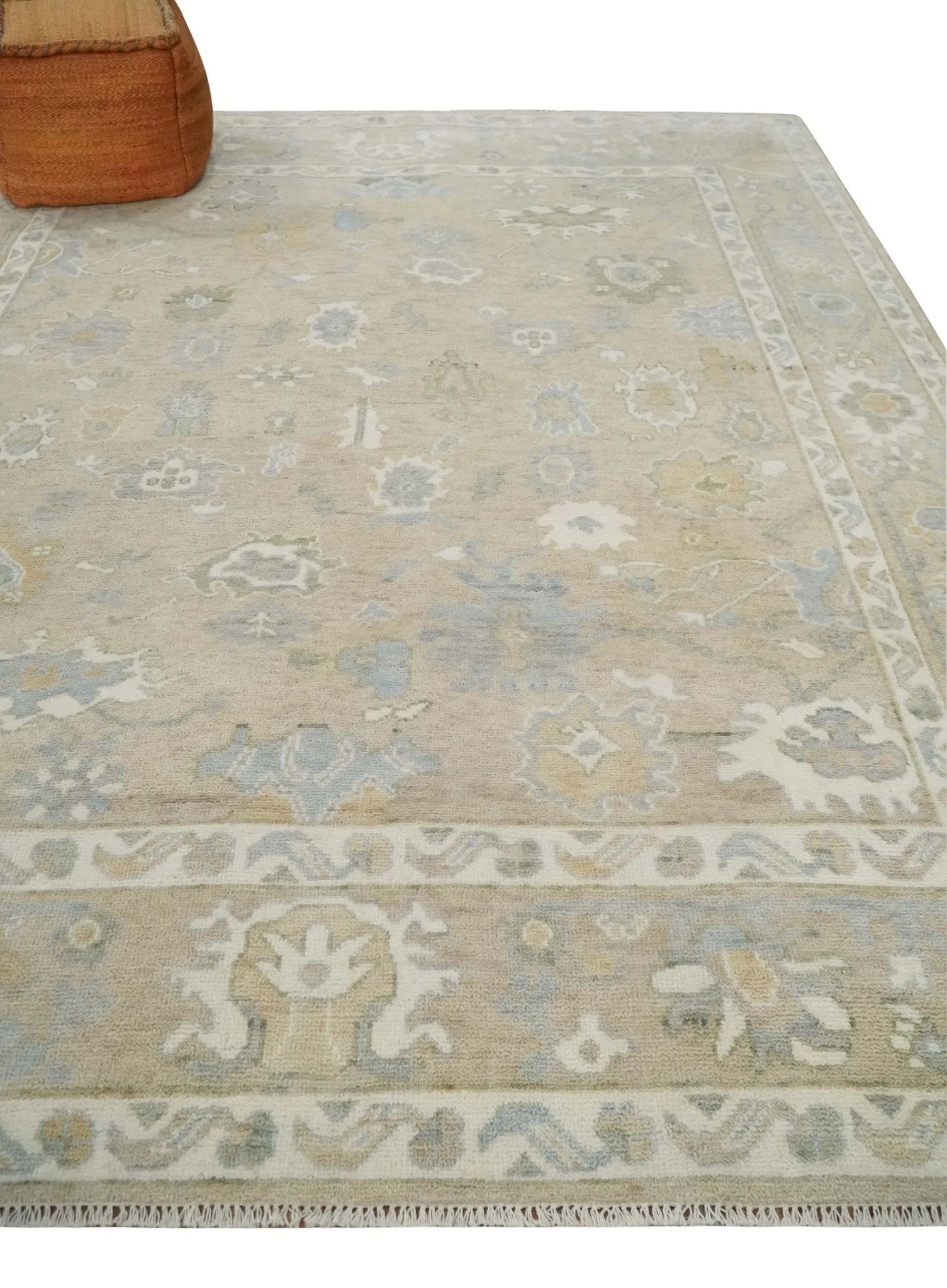 Custom Made Beige and Ivory Hand Knotted Traditional Oushak Wool Area Rug