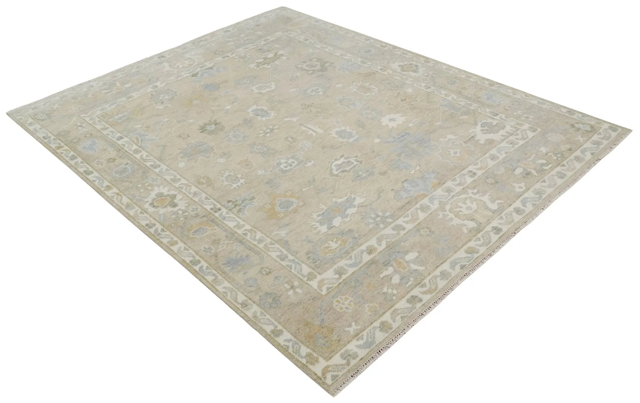 Custom Made Beige and Ivory Hand Knotted Traditional Oushak Wool Area Rug