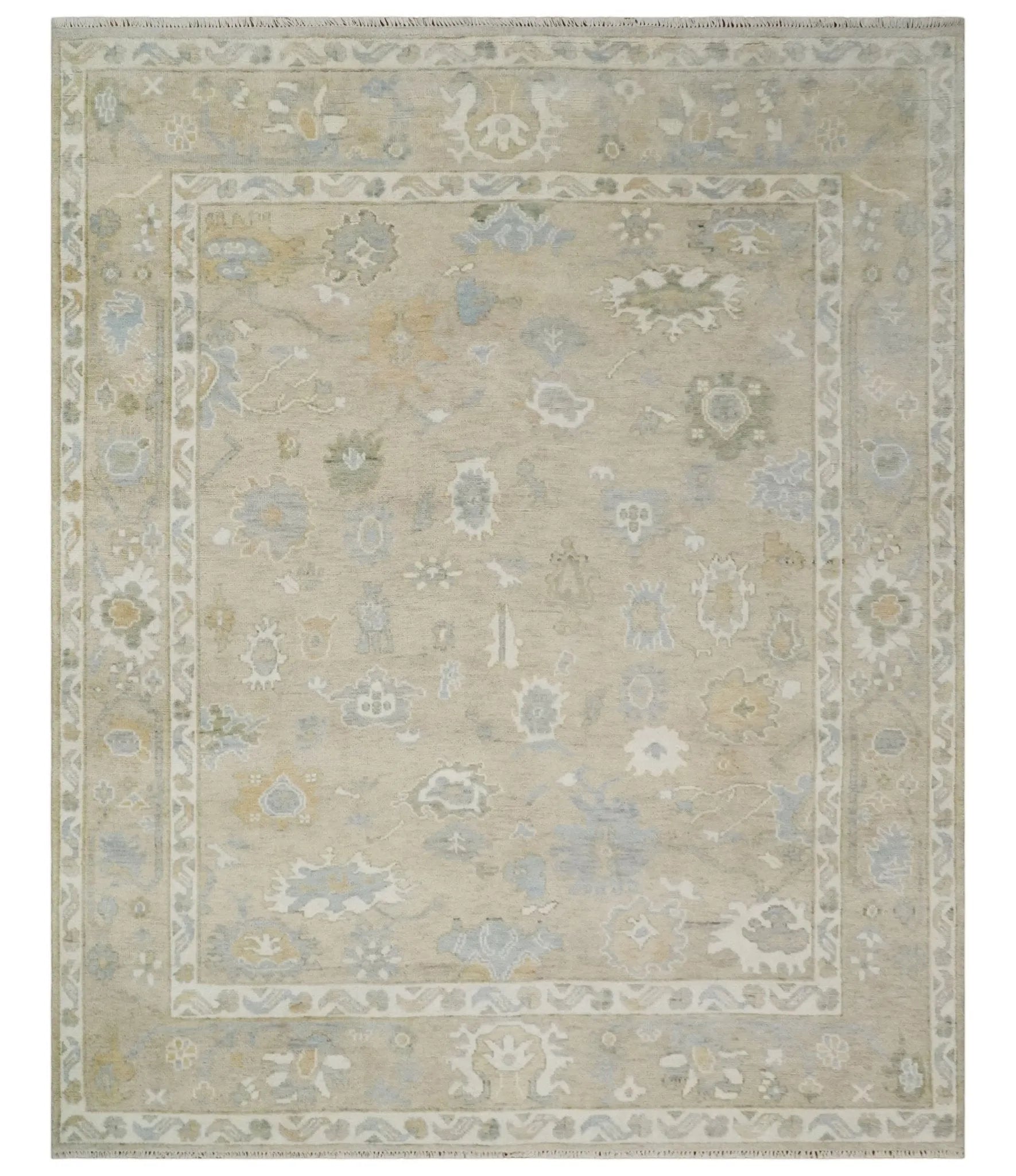 Custom Made Beige and Ivory Hand Knotted Traditional Oushak Wool Area Rug