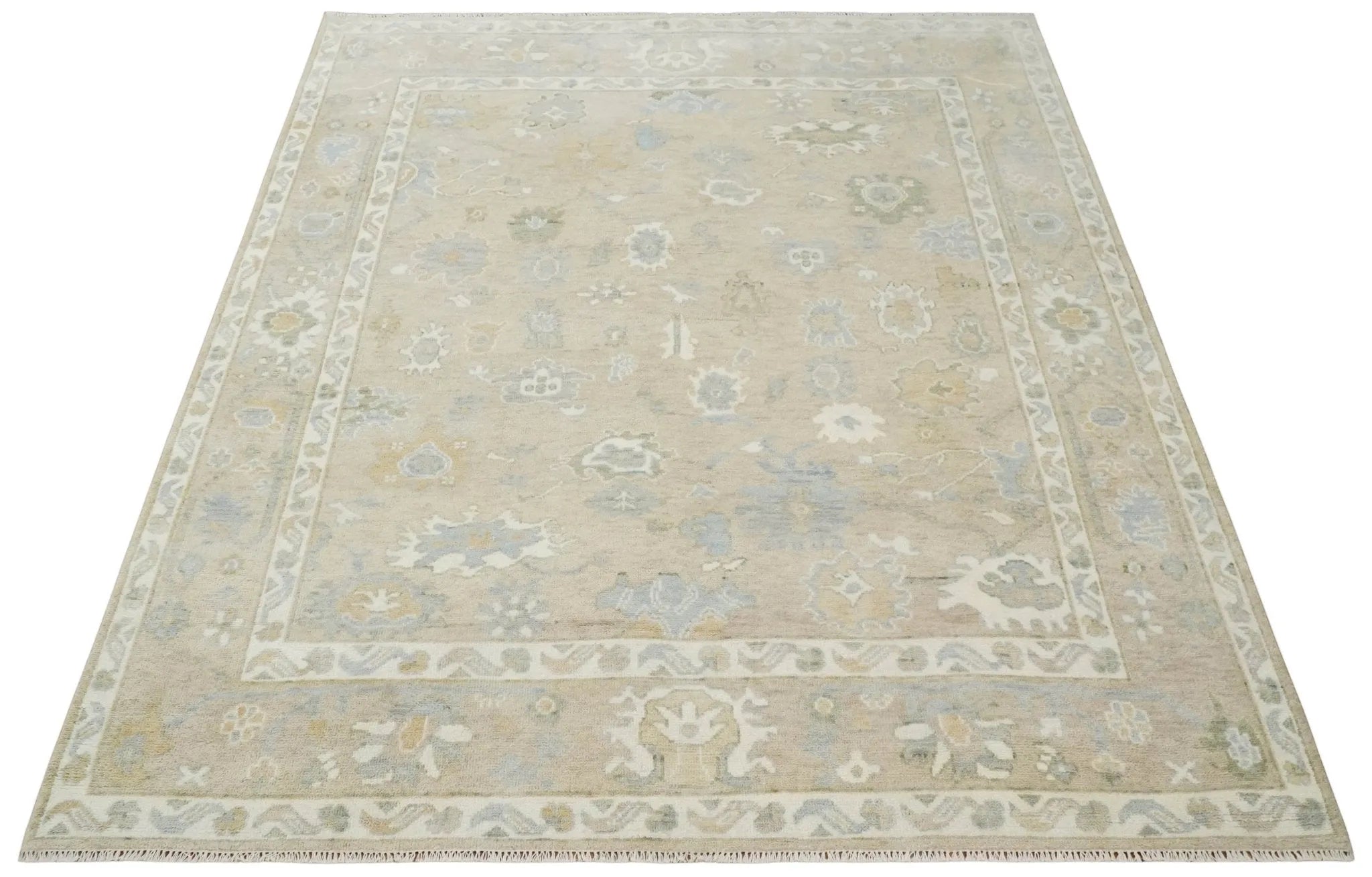 Custom Made Beige and Ivory Hand Knotted Traditional Oushak Wool Area Rug