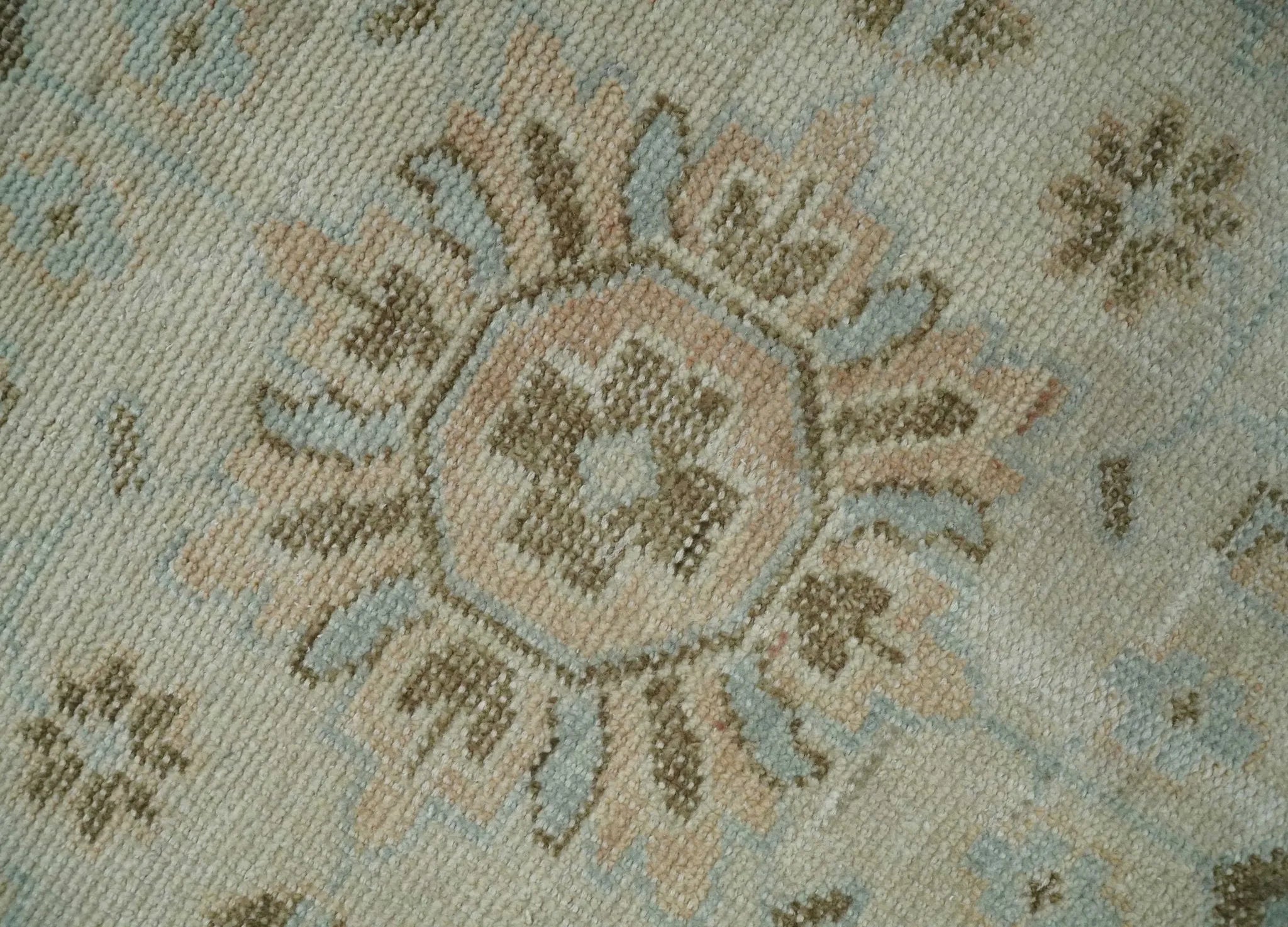 Custom Made Low Pile Hand Knotted Peach and Blue Traditional Design Wool Area Rug