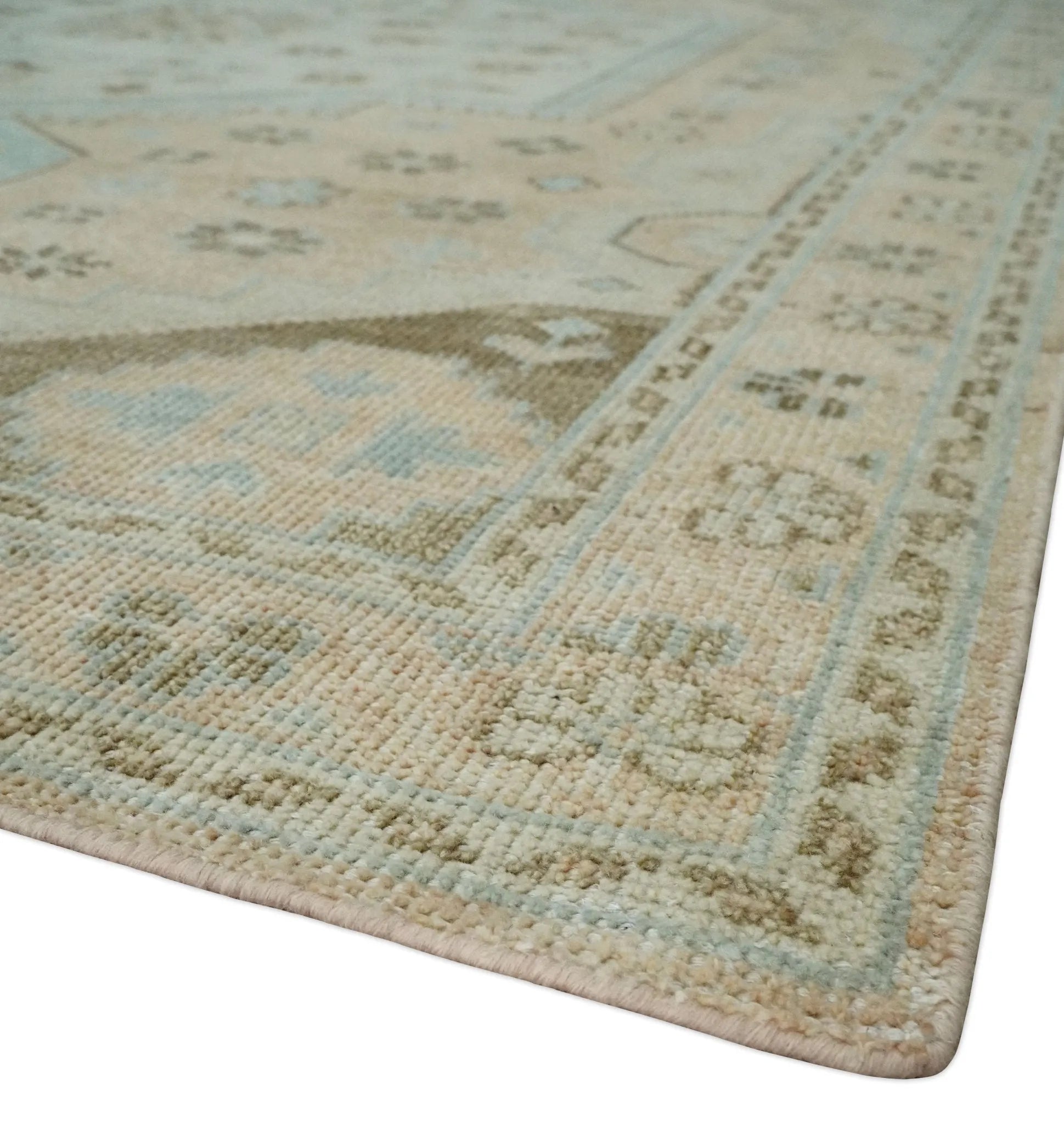 Custom Made Low Pile Hand Knotted Peach and Blue Traditional Design Wool Area Rug