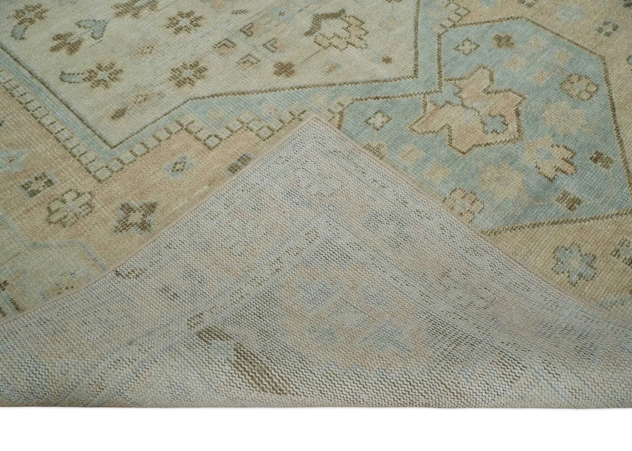 Custom Made Low Pile Hand Knotted Peach and Blue Traditional Design Wool Area Rug