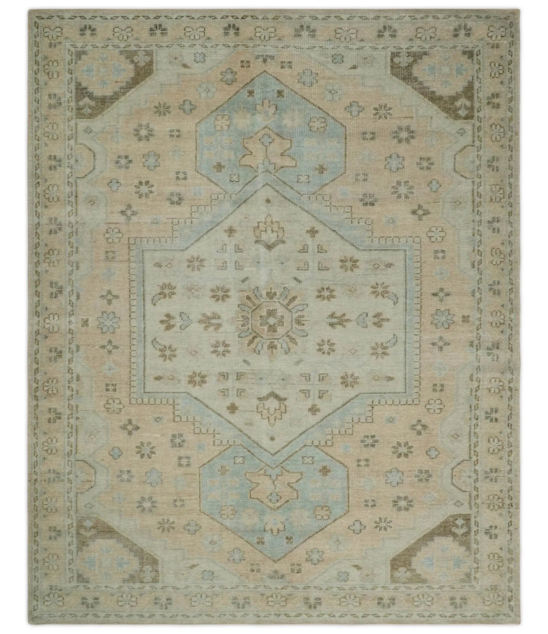 Custom Made Low Pile Hand Knotted Peach and Blue Traditional Design Wool Area Rug