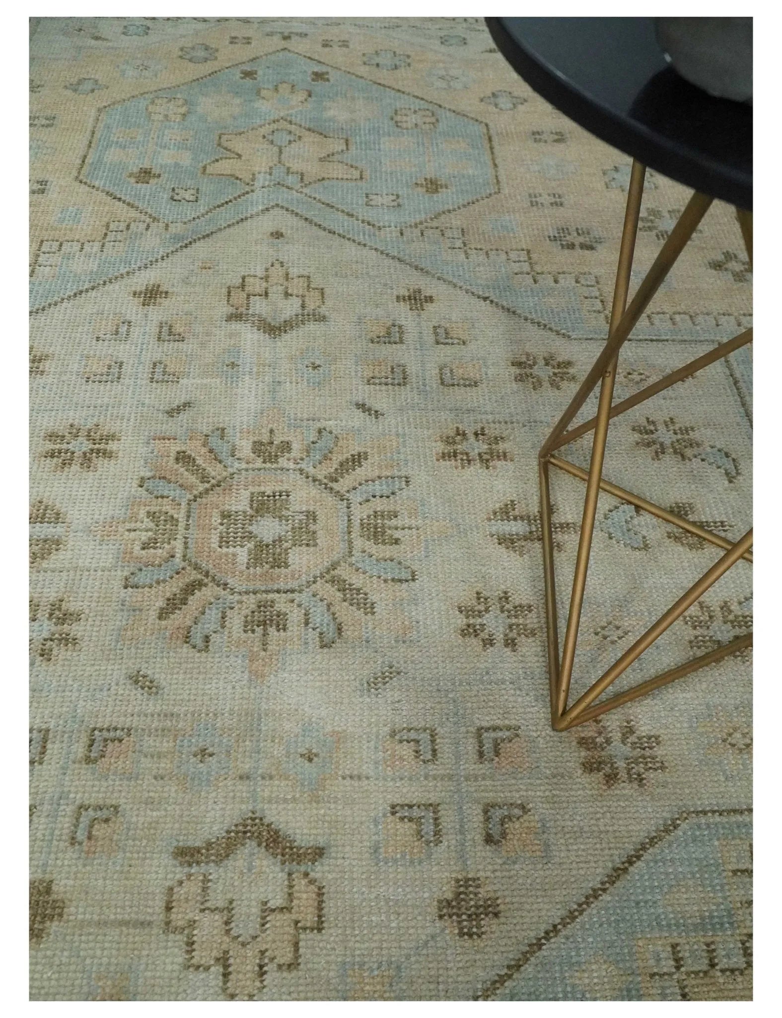 Custom Made Low Pile Hand Knotted Peach and Blue Traditional Design Wool Area Rug