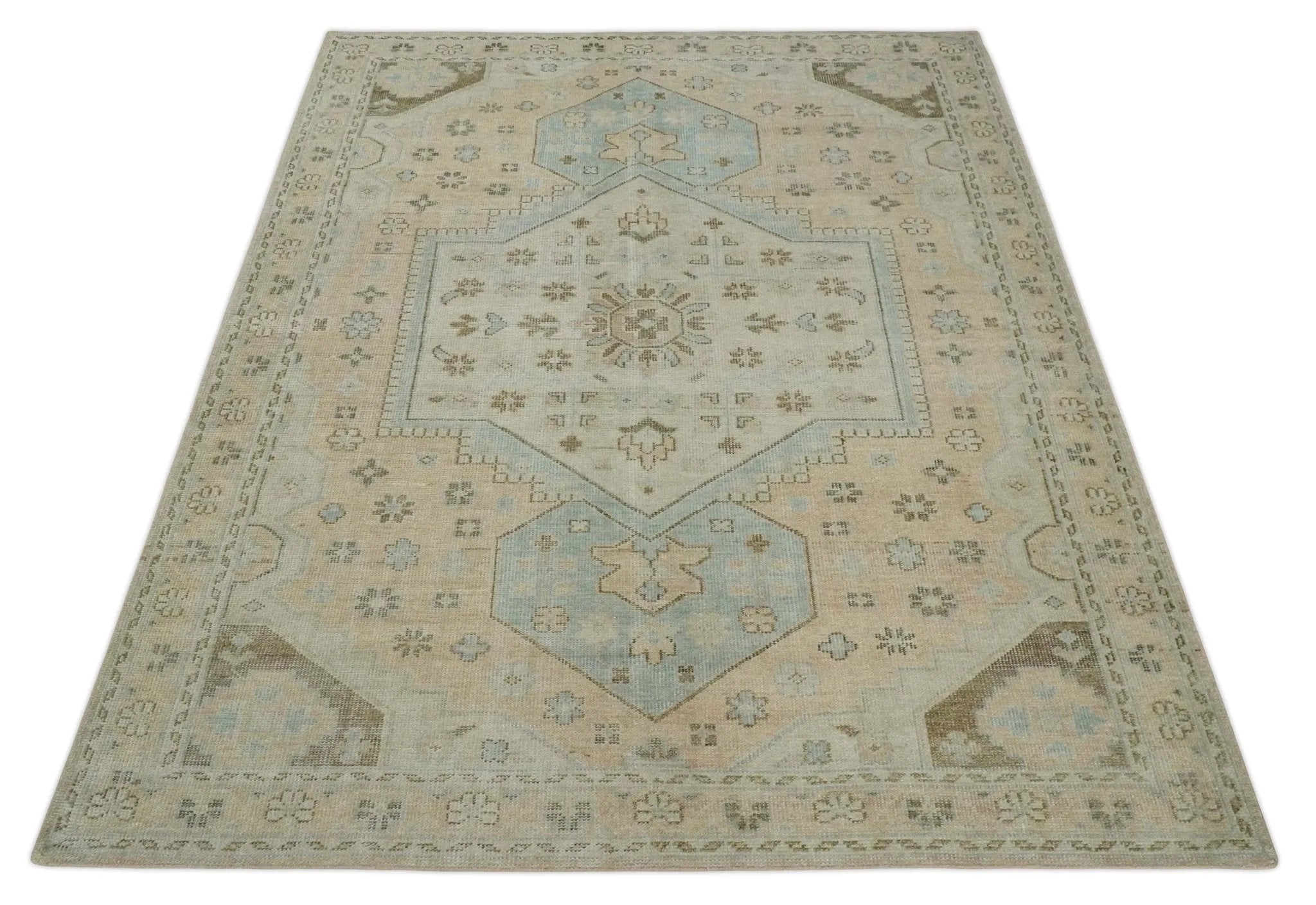 Custom Made Low Pile Hand Knotted Peach and Blue Traditional Design Wool Area Rug