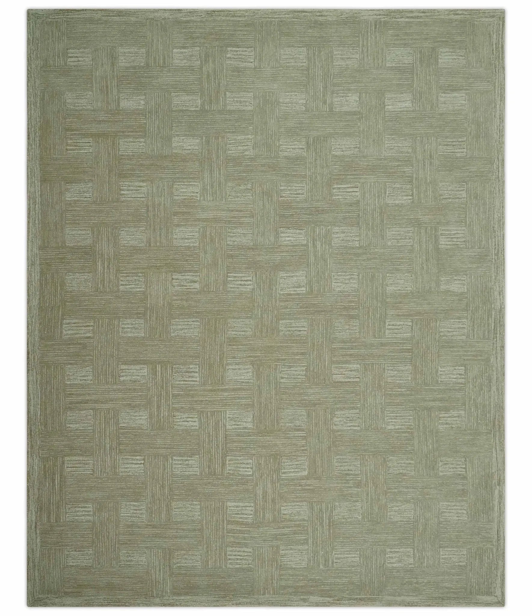 Custom Made Olive and Ivory Modern Geometrical Hand Tufted wool rug