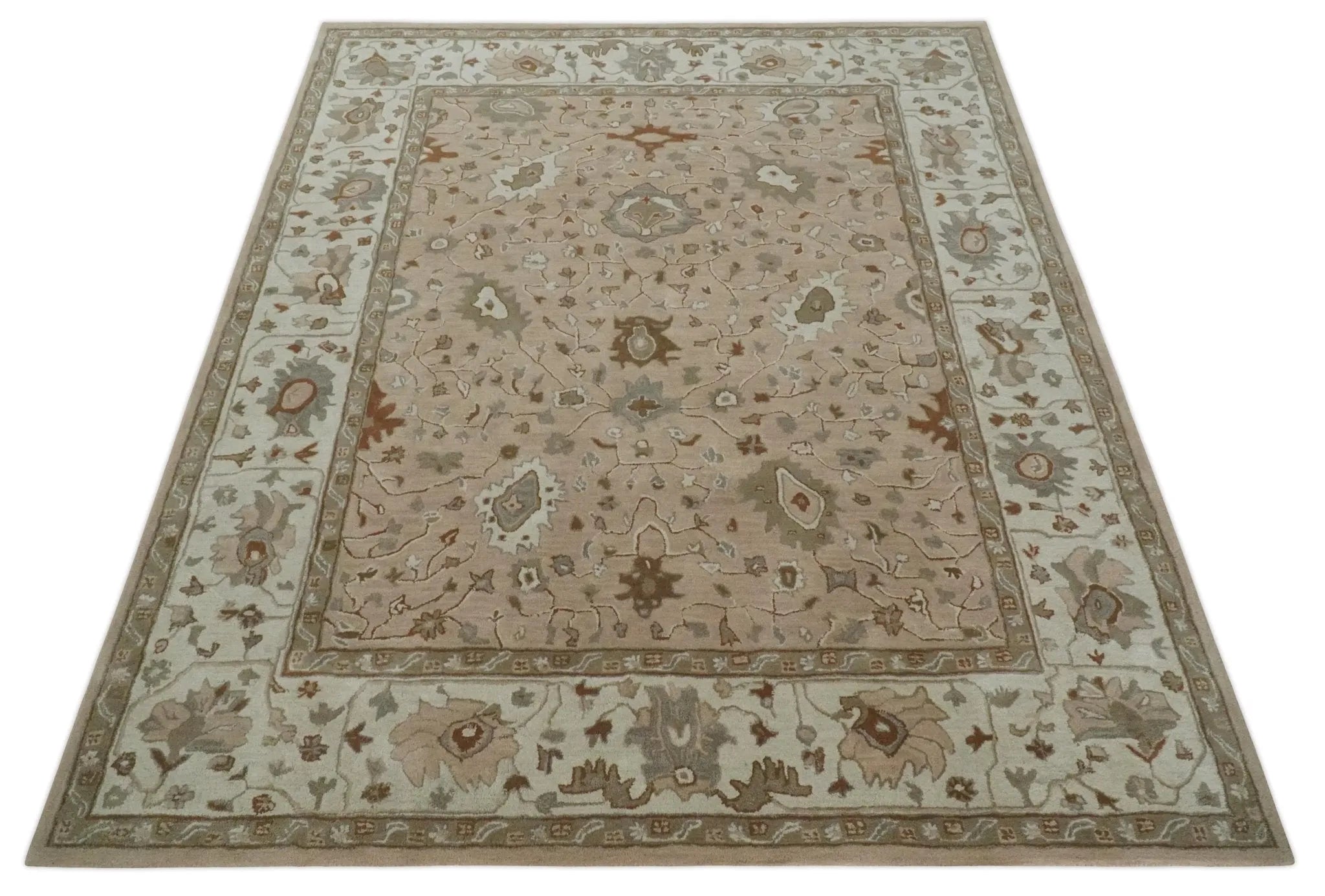 Custom Made Oushak Design Tufted Peach, Ivory and Olive Traditional Rug