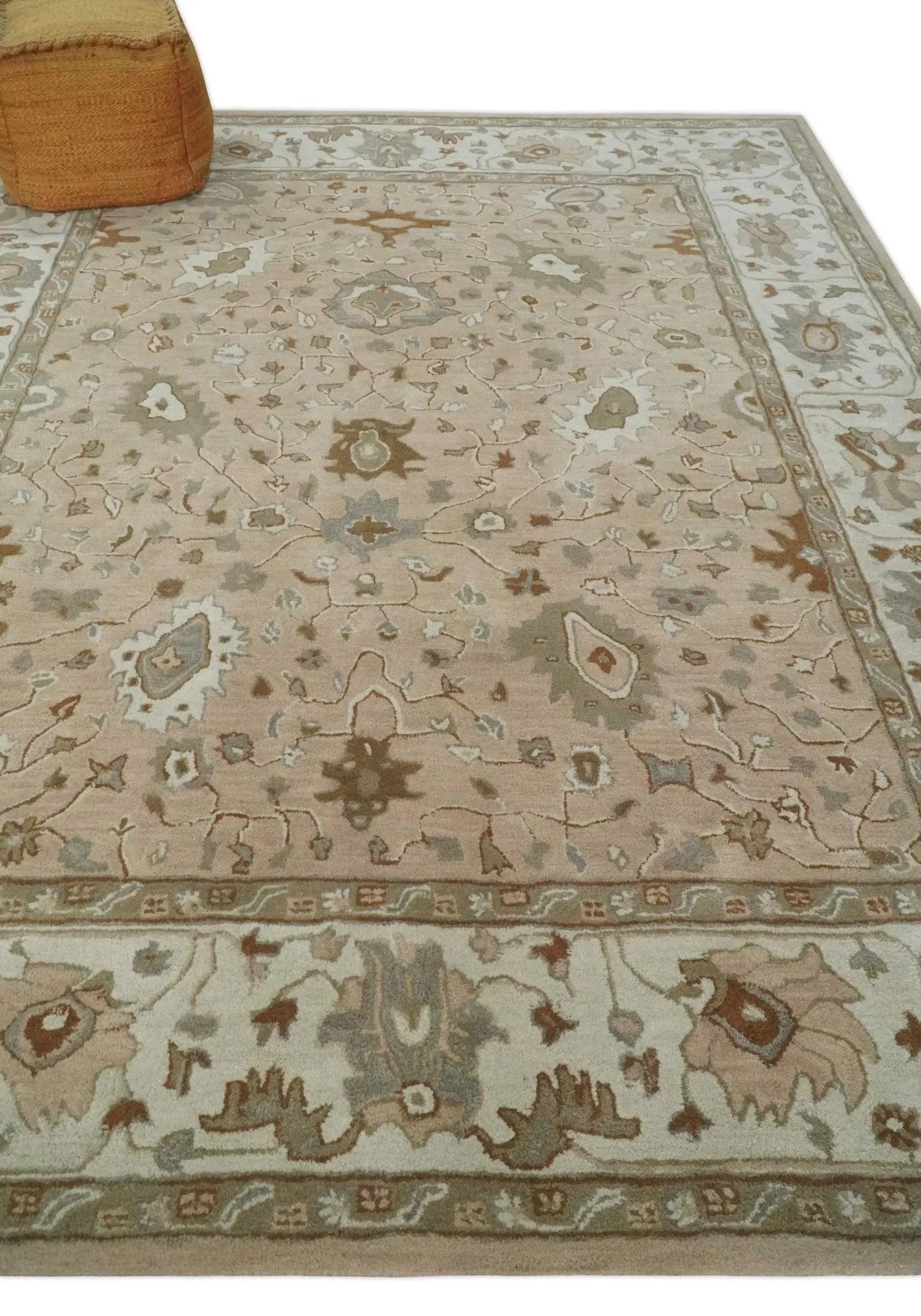 Custom Made Oushak Design Tufted Peach, Ivory and Olive Traditional Rug