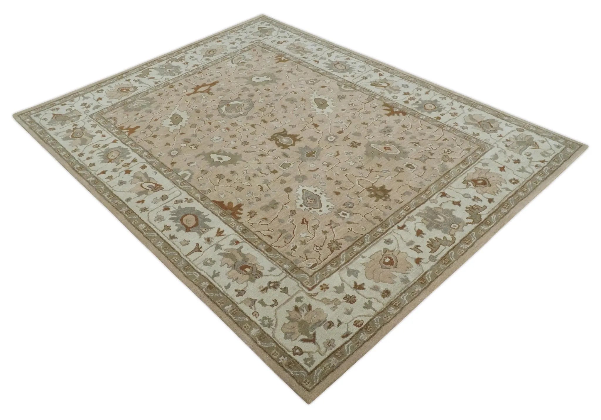 Custom Made Oushak Design Tufted Peach, Ivory and Olive Traditional Rug