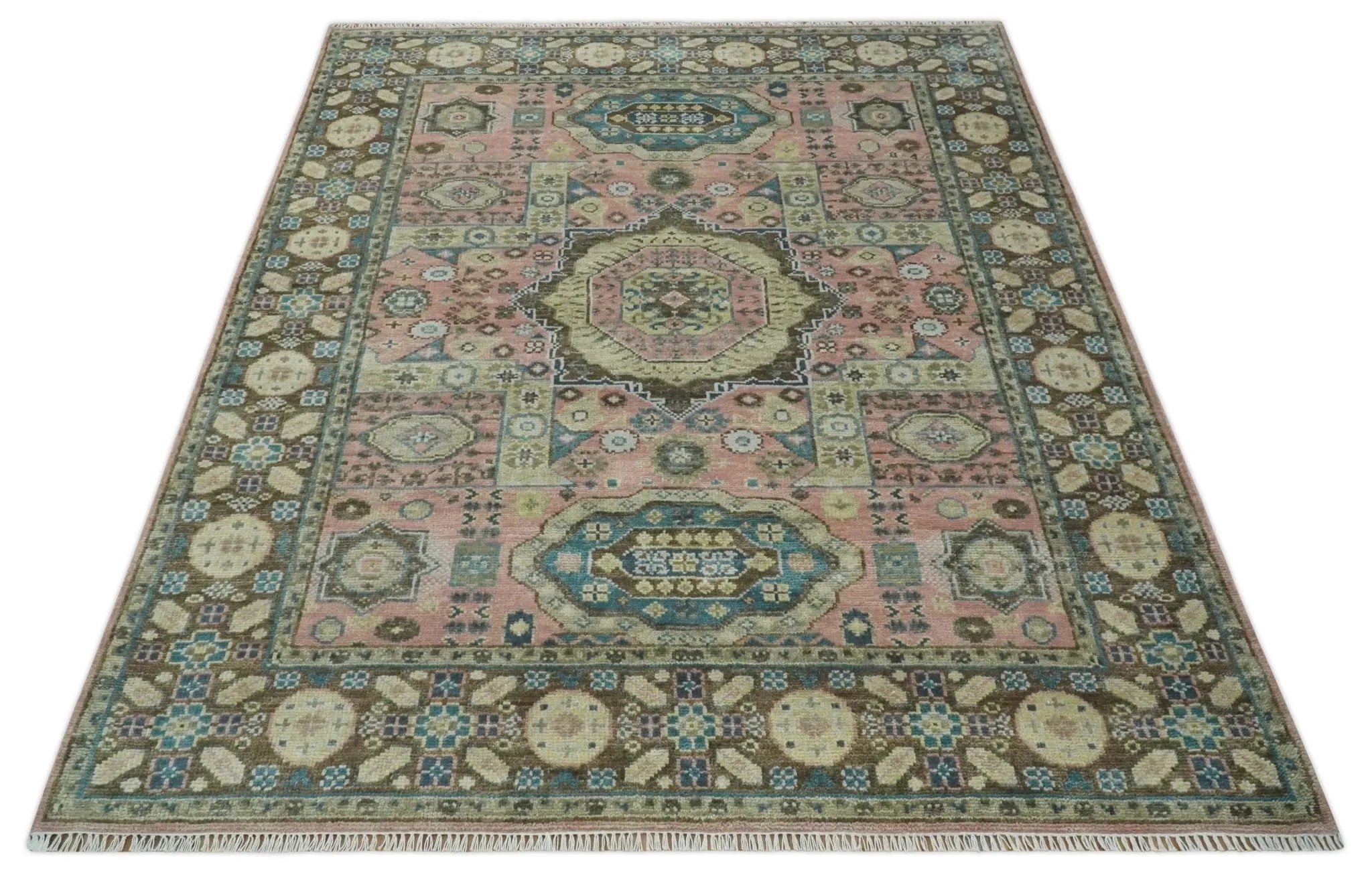 Custom Made Pink, Beige and Olive Hand knotted Medallion Mamluk Multi Size wool Area Rug