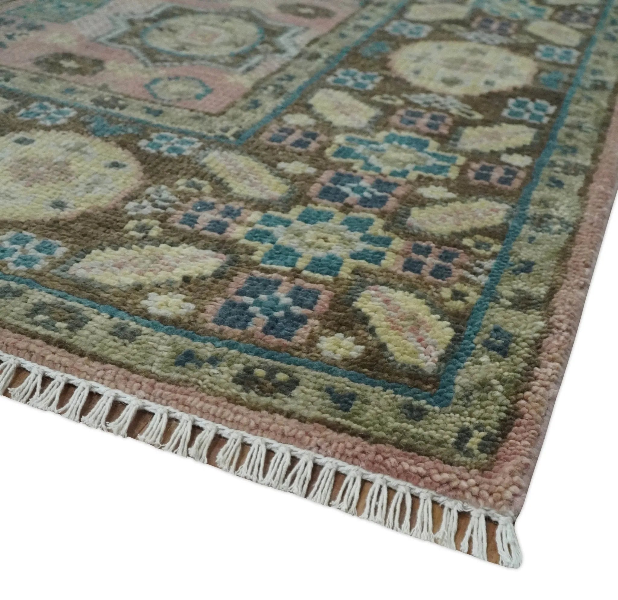 Custom Made Pink, Beige and Olive Hand knotted Medallion Mamluk Multi Size wool Area Rug