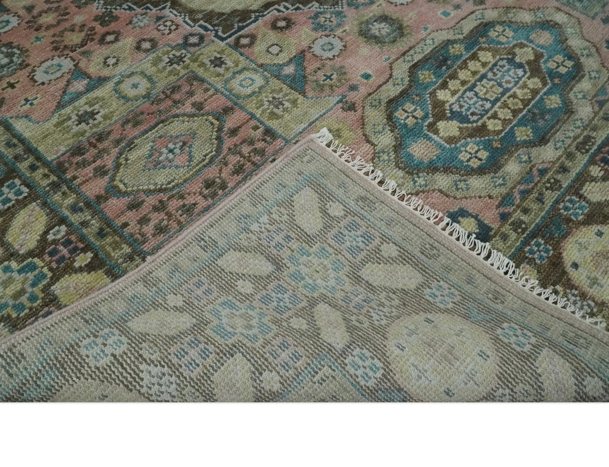 Custom Made Pink, Beige and Olive Hand knotted Medallion Mamluk Multi Size wool Area Rug