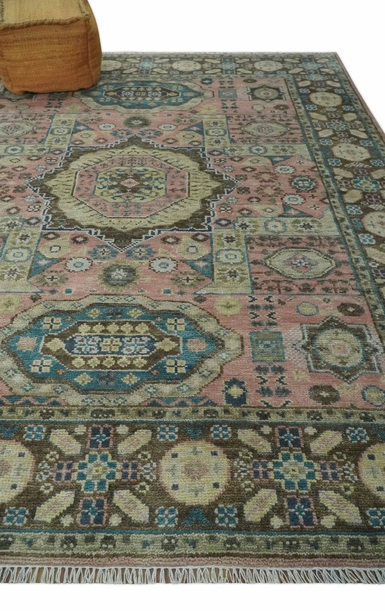 Custom Made Pink, Beige and Olive Hand knotted Medallion Mamluk Multi Size wool Area Rug