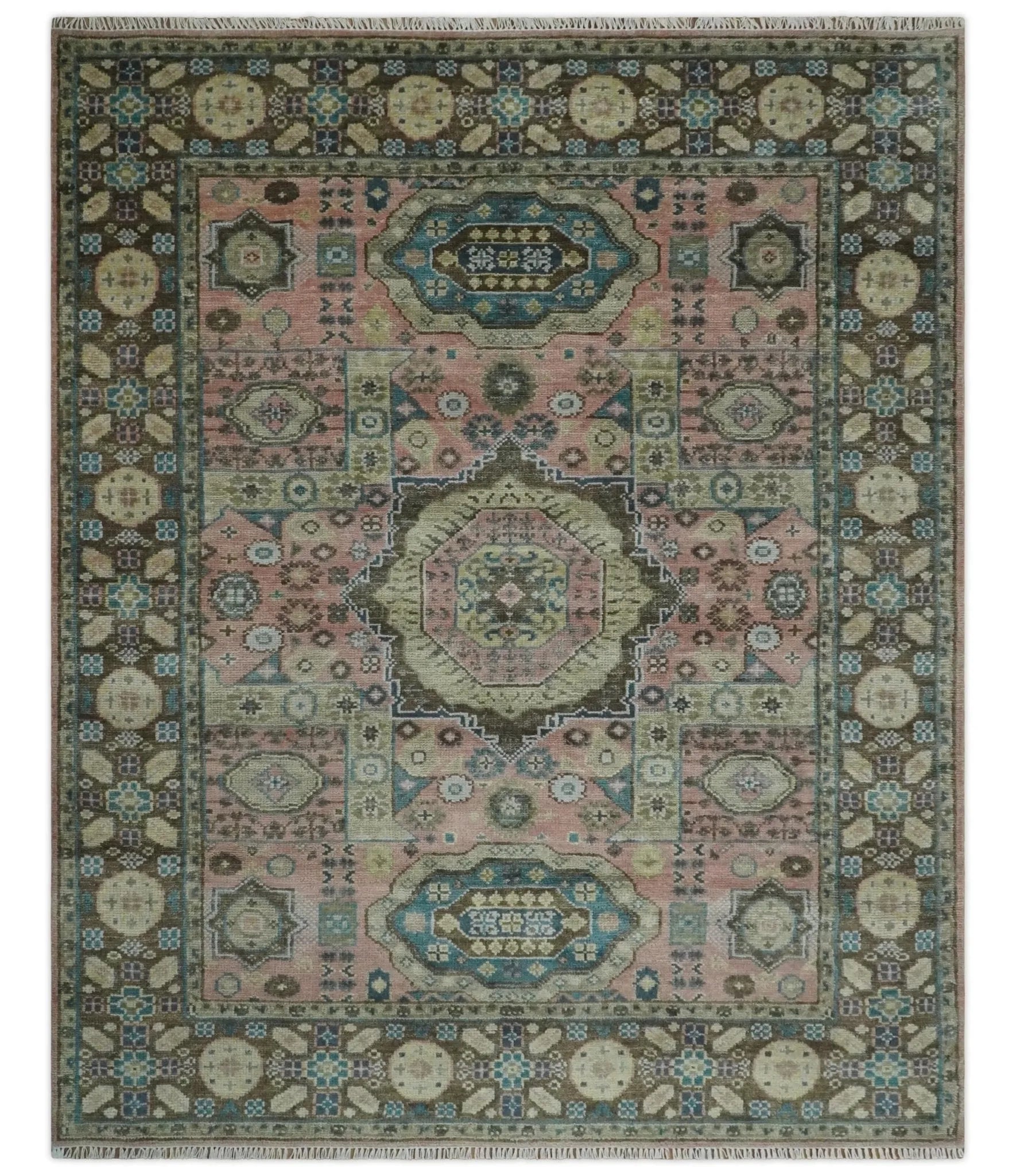 Custom Made Pink, Beige and Olive Hand knotted Medallion Mamluk Multi Size wool Area Rug