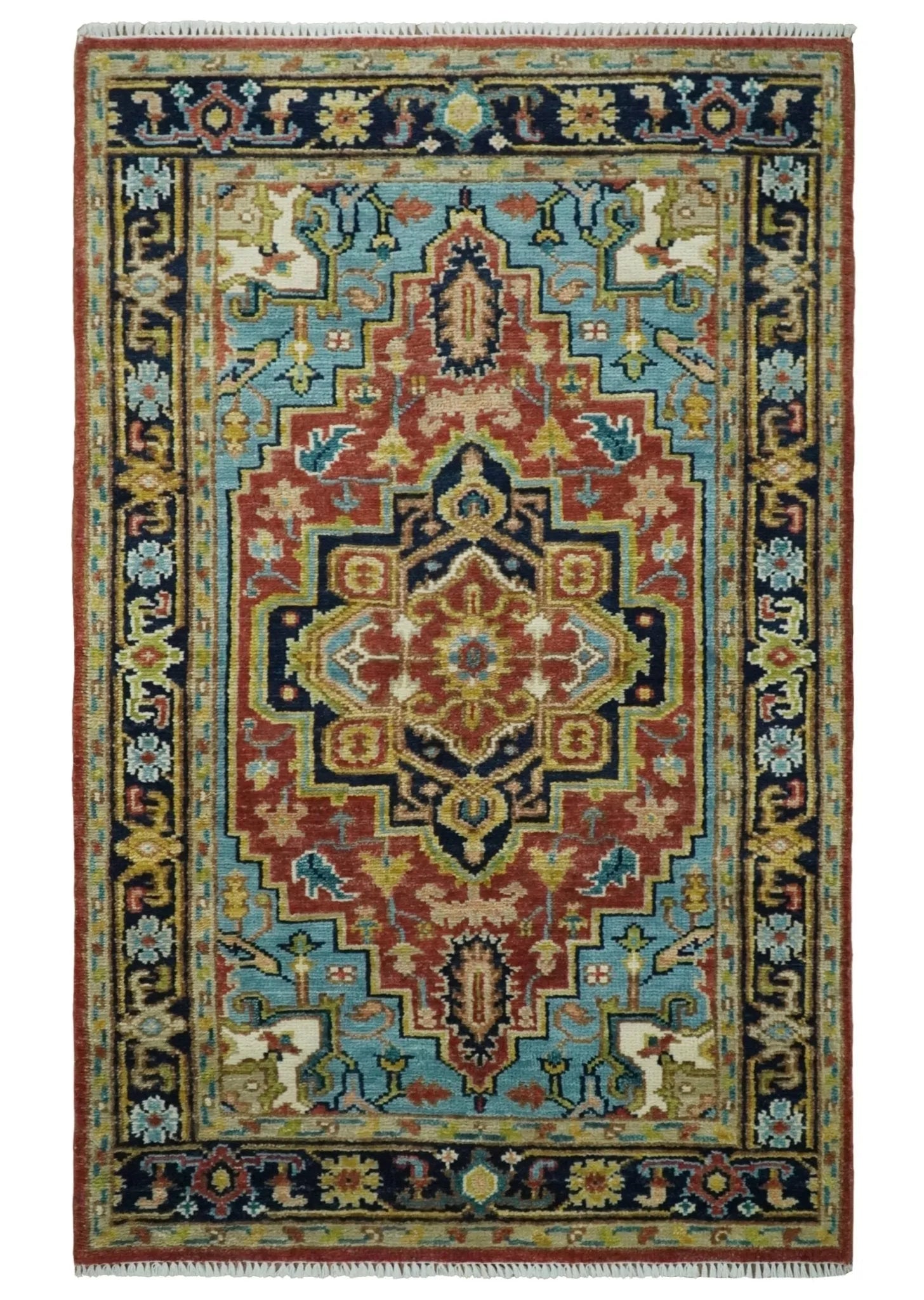 Custom Made Rust and Blue Traditional Medallion Hand Knotted Wool Area Rug