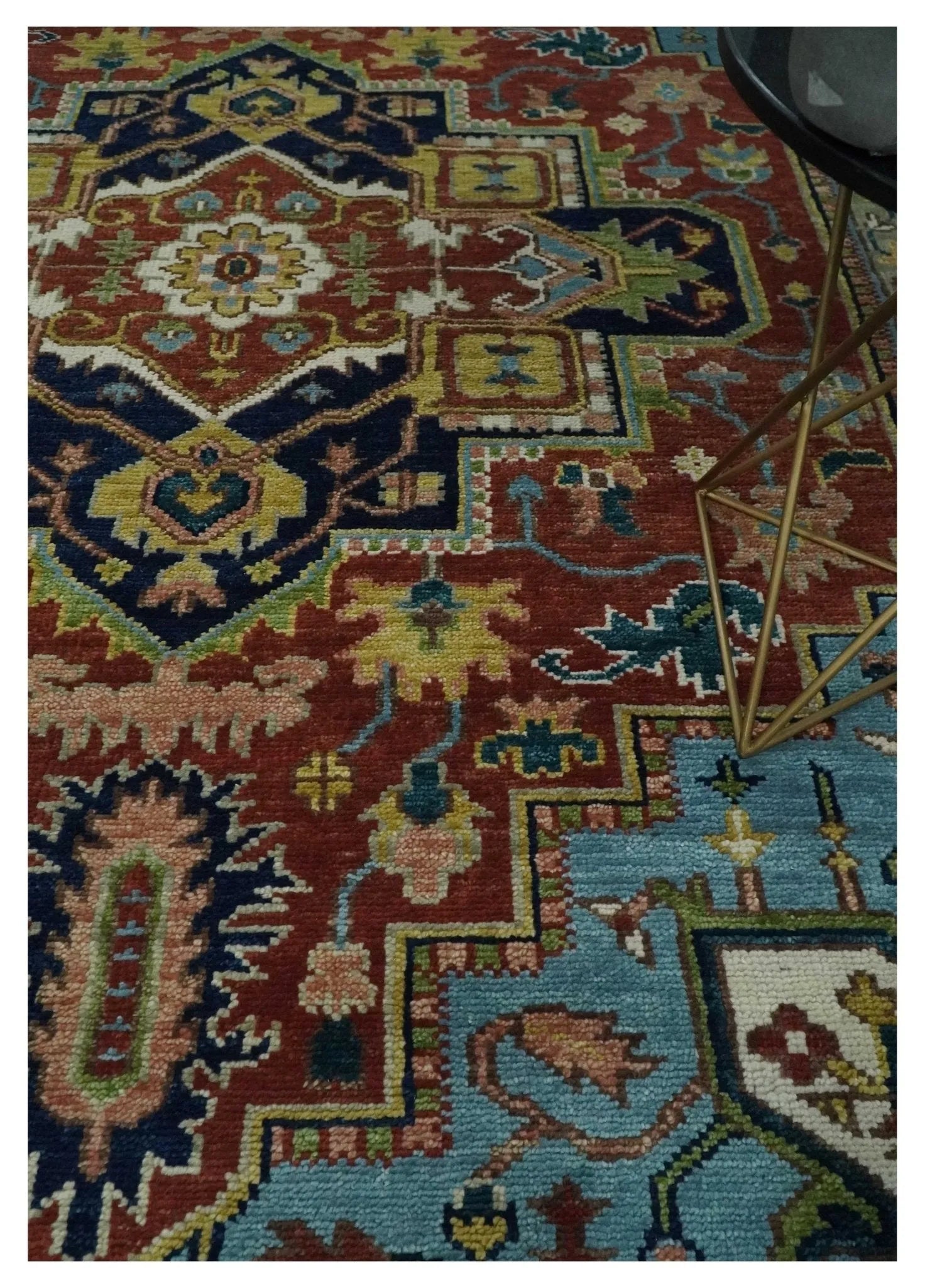 Custom Made Rust and Blue Traditional Medallion Hand Knotted Wool Area Rug