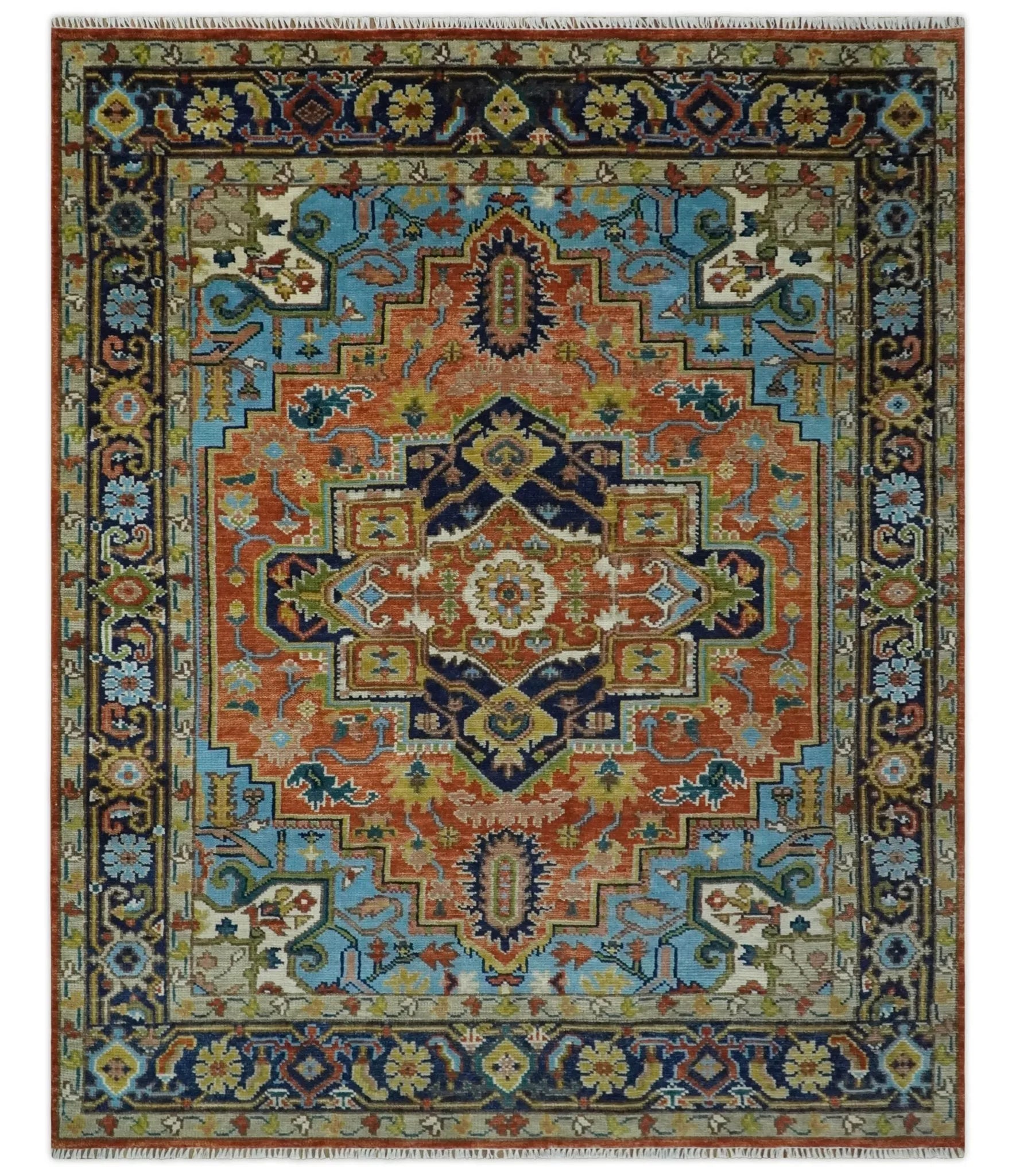 Custom Made Rust and Blue Traditional Medallion Hand Knotted Wool Area Rug