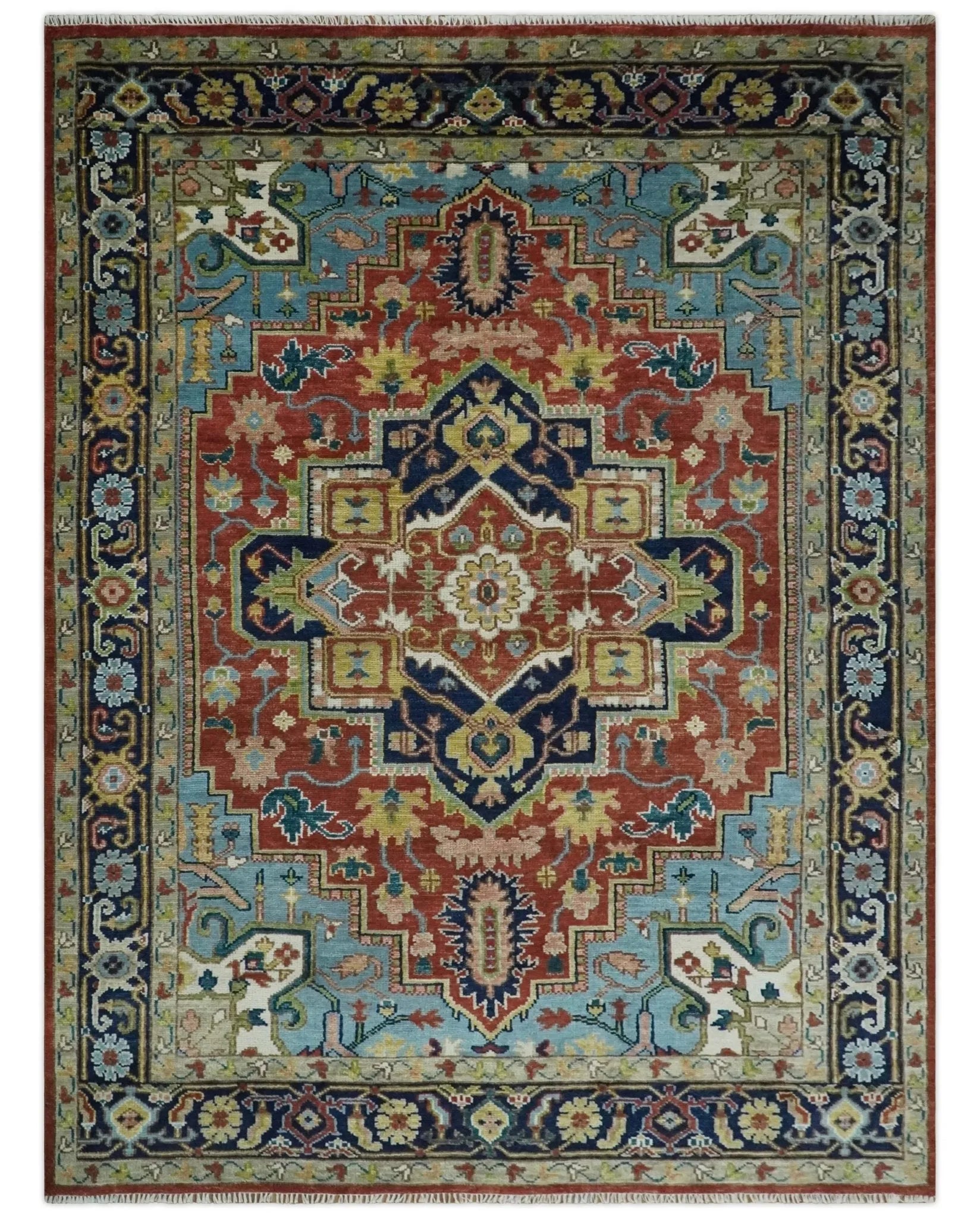 Custom Made Rust and Blue Traditional Medallion Hand Knotted Wool Area Rug