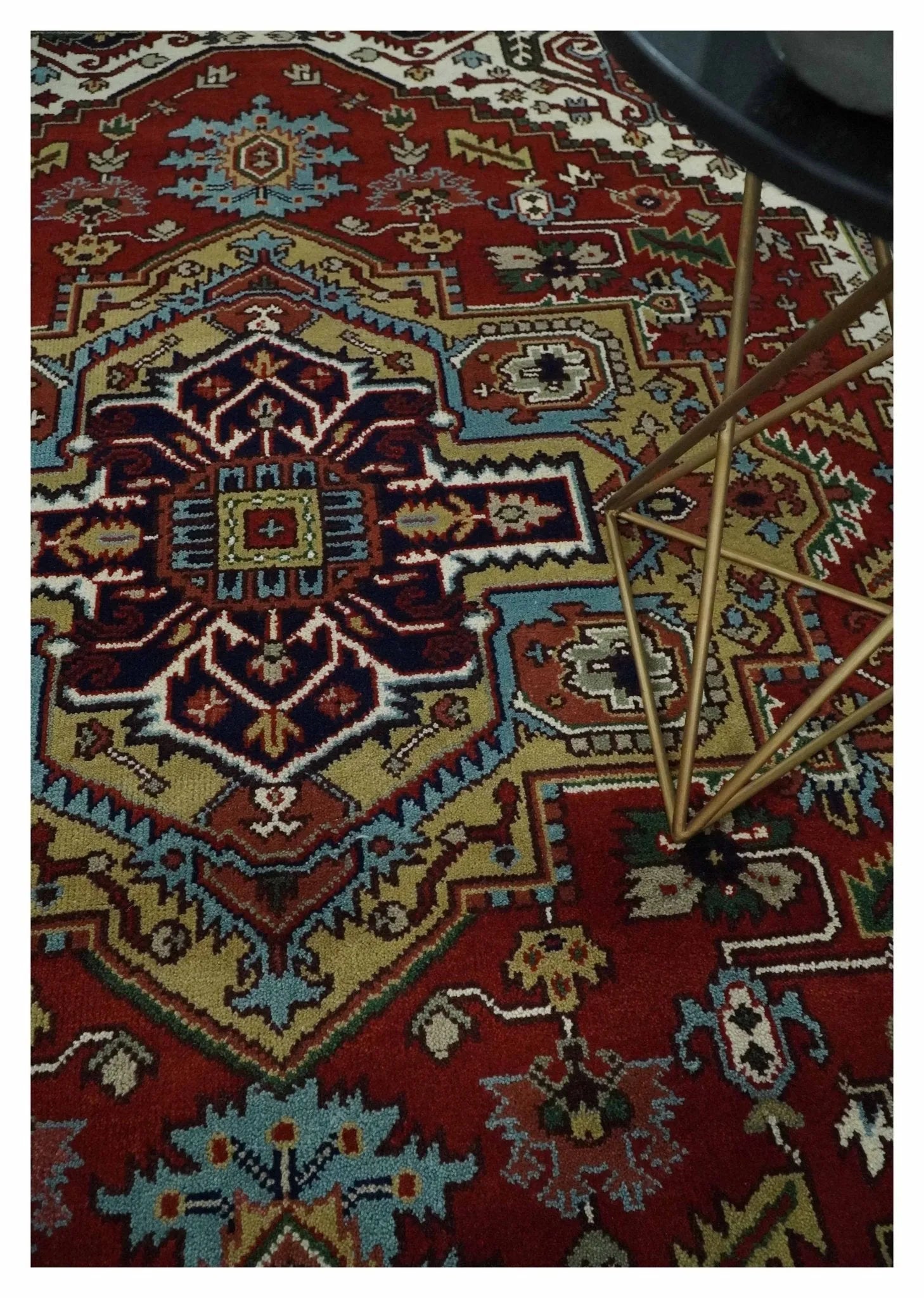 Custom Made Rust, Mustard, Ivory and Blue Hand Knotted Traditional Wool Area Rug