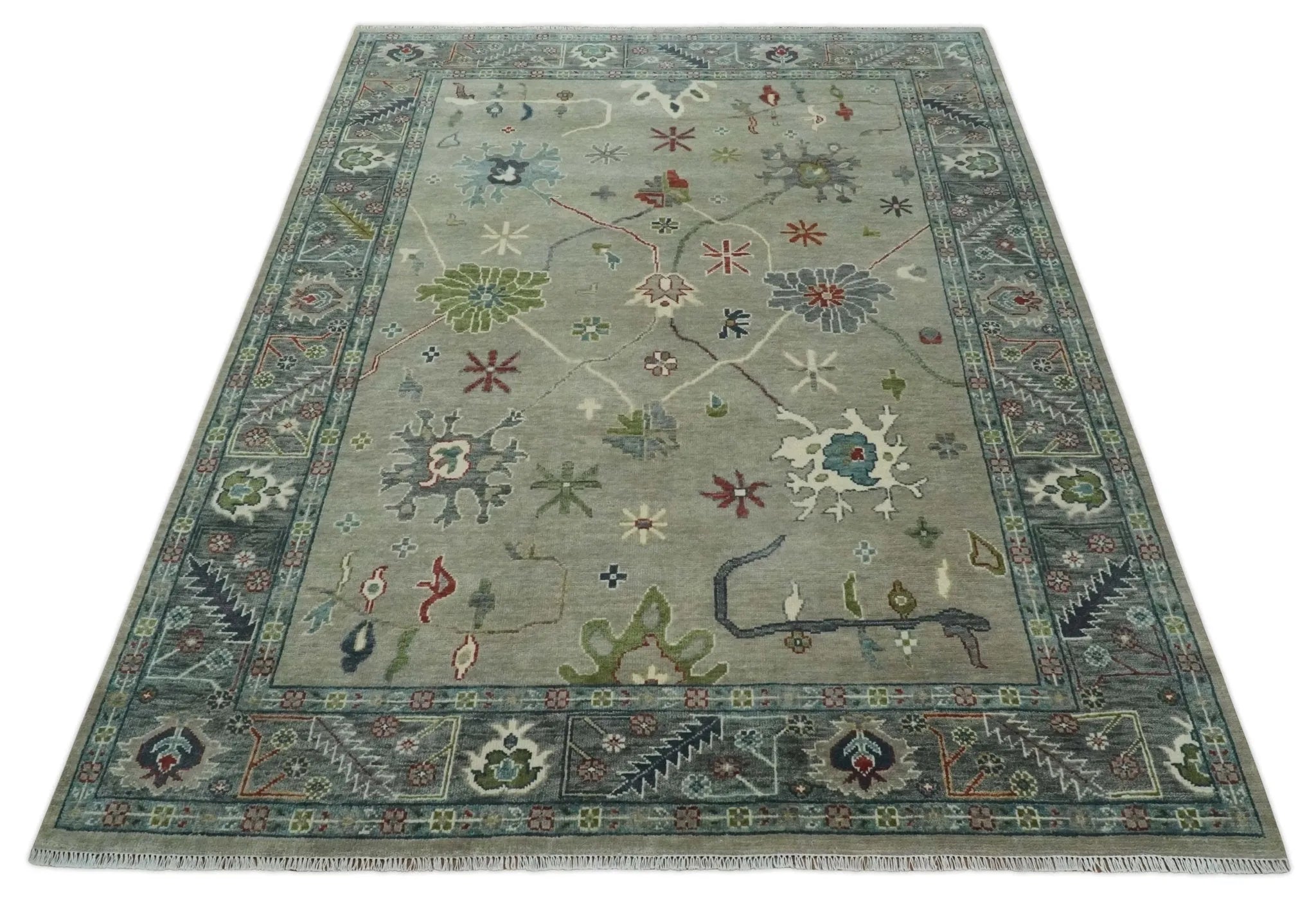 Custom Made Silver and Gray Oushak Hand Knotted Traditional Wool Rug