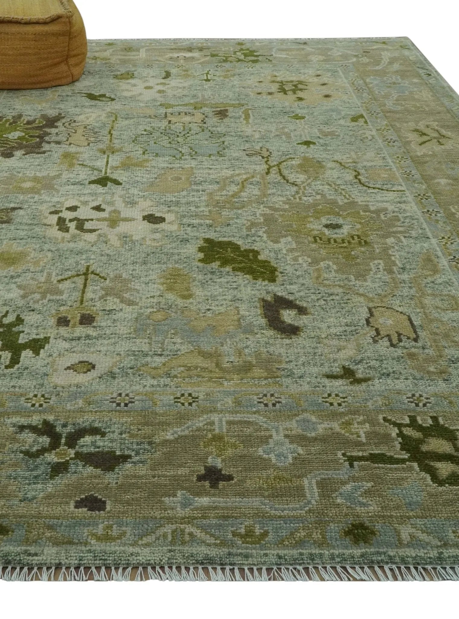 Custom Made Silver and Green Hand Knotted Traditional Oushak wool area rug