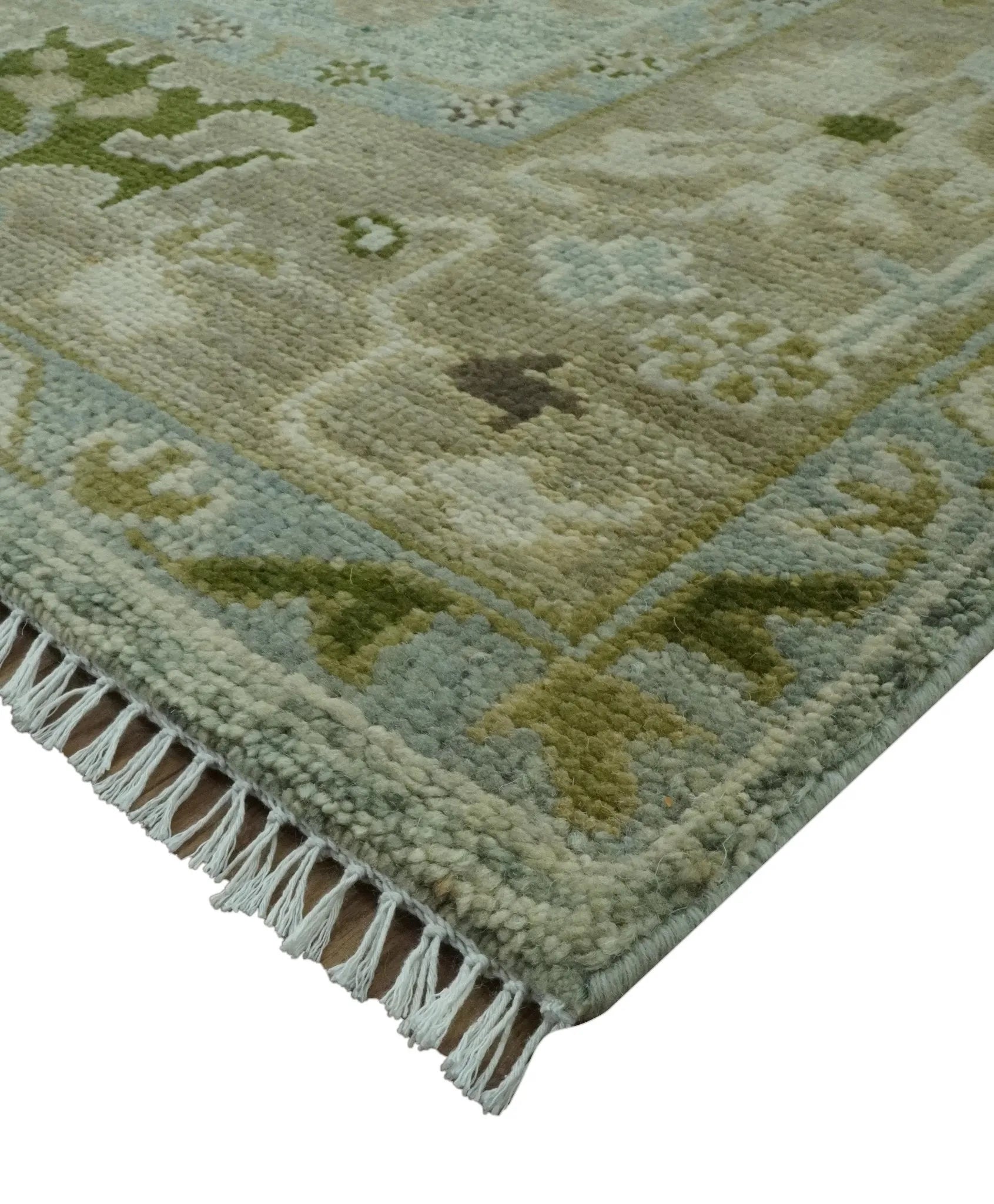 Custom Made Silver and Green Hand Knotted Traditional Oushak wool area rug