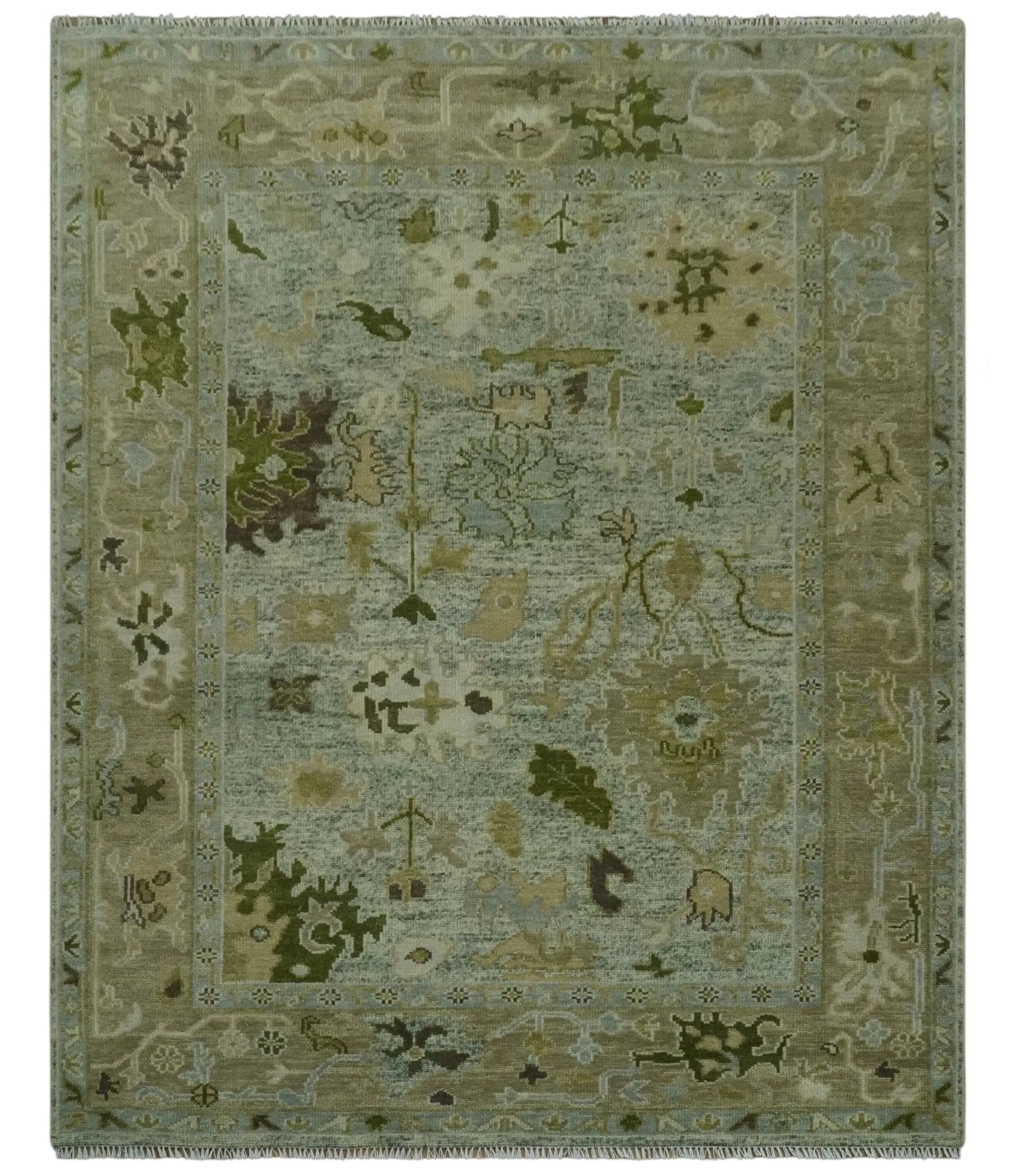 Custom Made Silver and Green Hand Knotted Traditional Oushak wool area rug